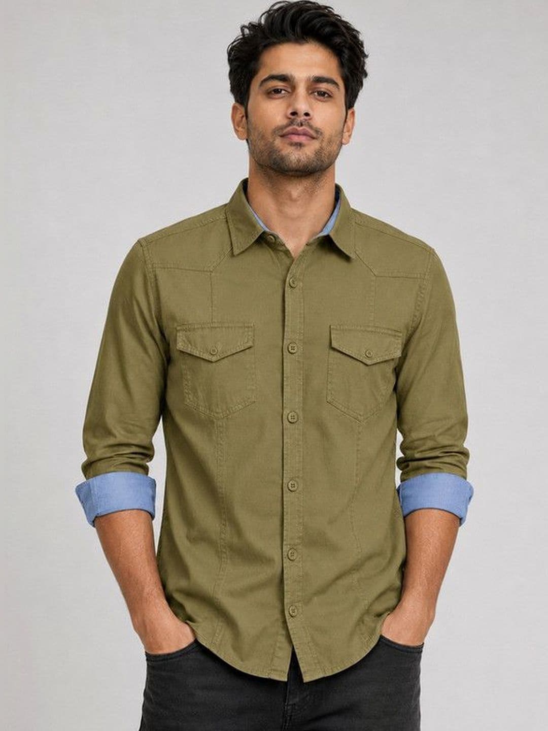 FRANKSHIRT Men Olive Green Solid Cargo Cotton Regular Fit Full Sleeve Casual Shirt - view 1