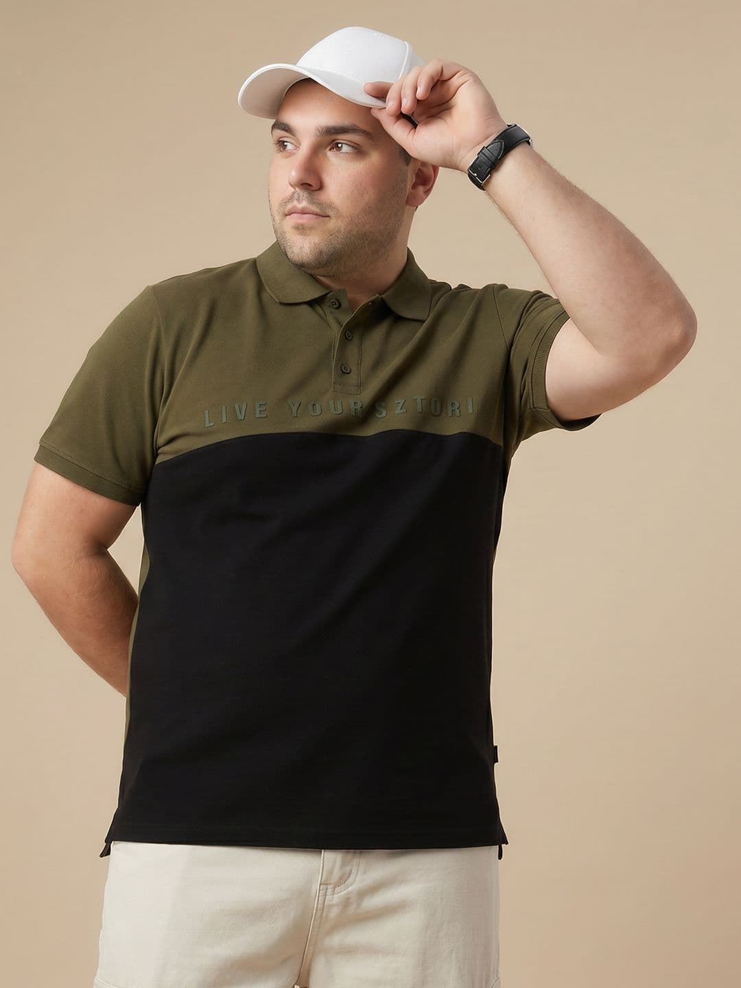 Sztori Plus Size Colourblocked Polo Collar Pure Cotton T-shirt - view 1