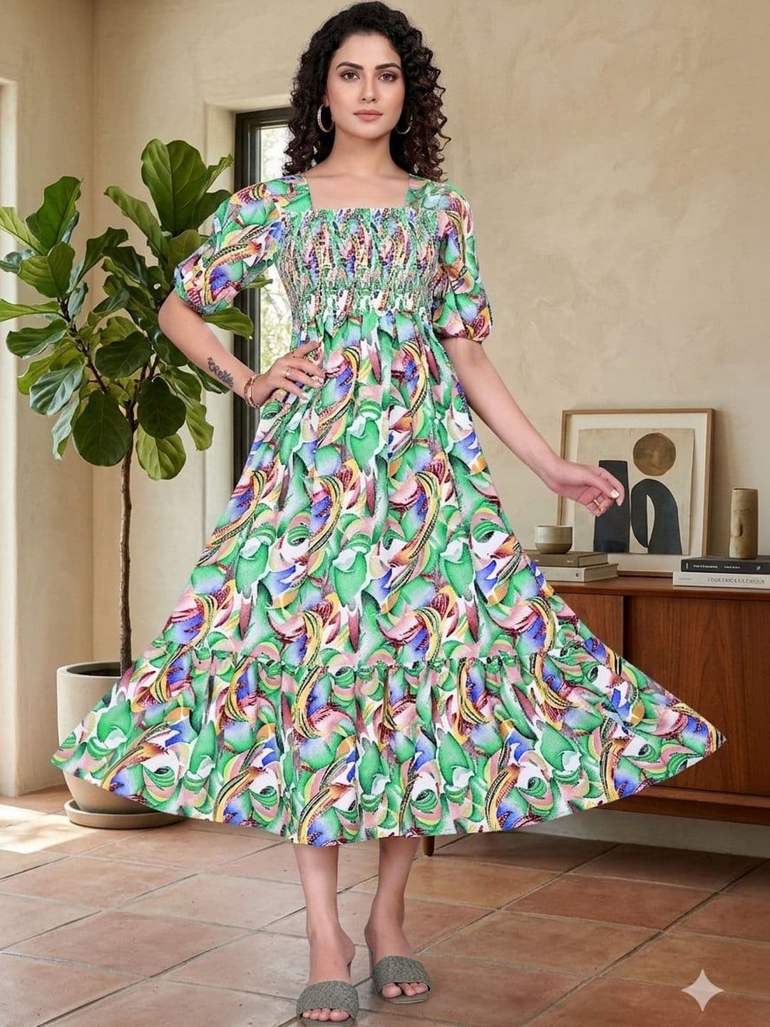 MENFLUENT Print Puff Sleeve Crepe A-Line Midi Dress - view 1
