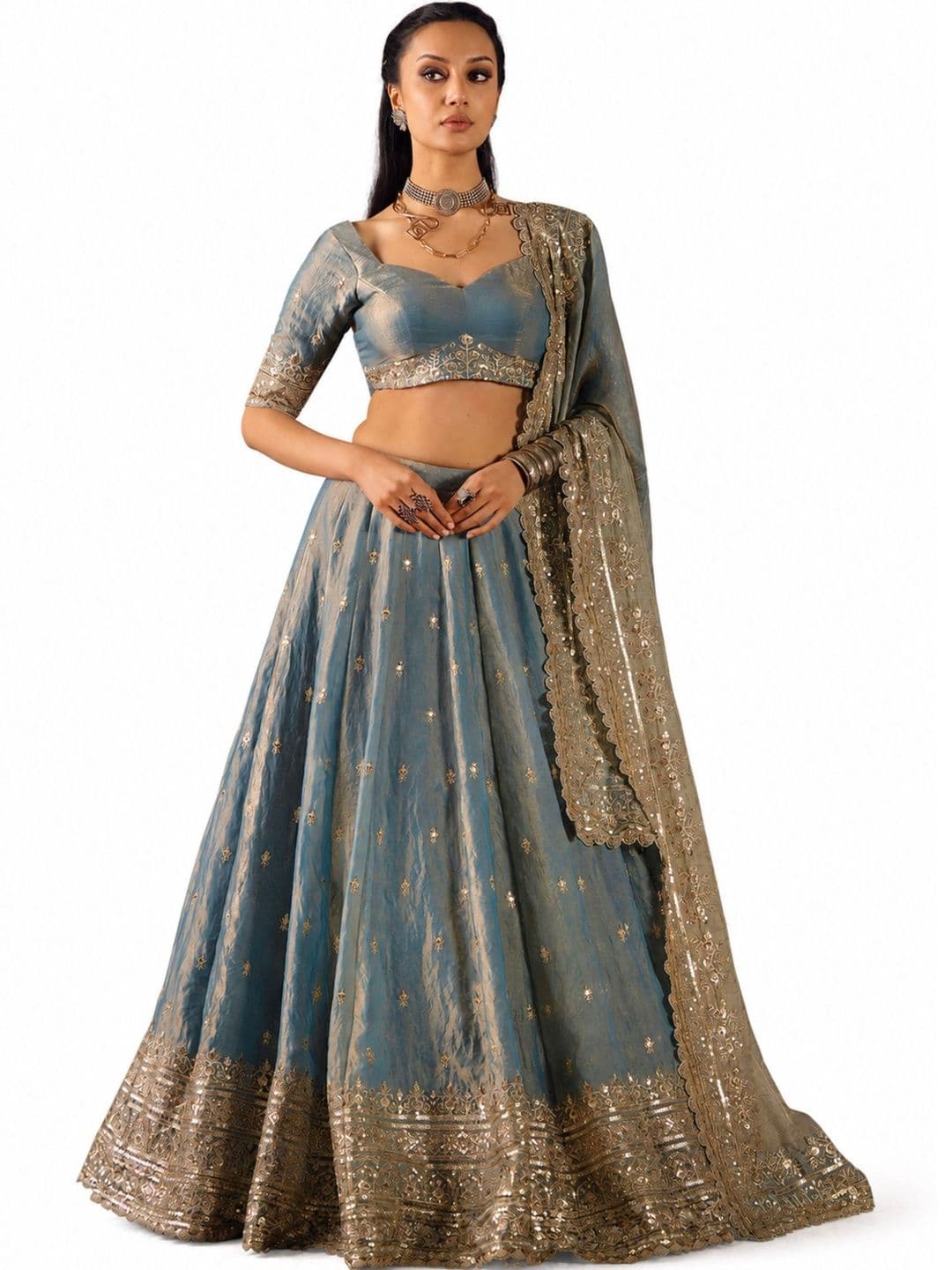 JIHU CULTURE Embroidered Sequinned Semi-Stitched Lehenga & Unstitched Blouse With Dupatta - view 1