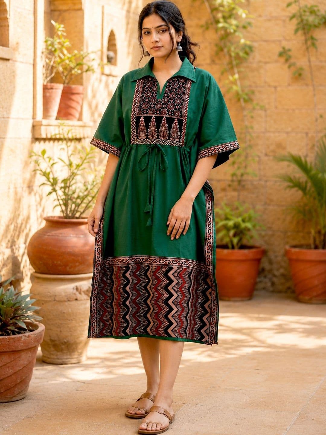 Maruti Tex Geometric Printed Shirt Collar Extended Sleeves Pure Cotton Handloom Kaftan Kurti - view 1