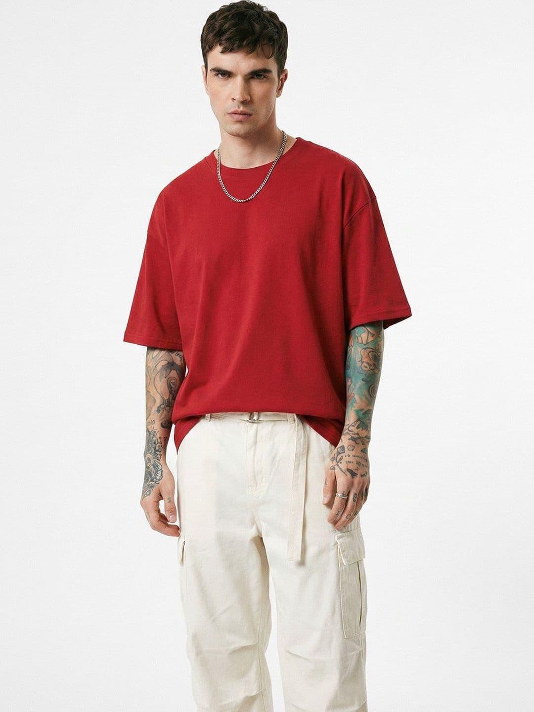 Crazymonk Men Plain Red Drop-Shoulder Sleeves Oversized Fit T-shirt - view 1