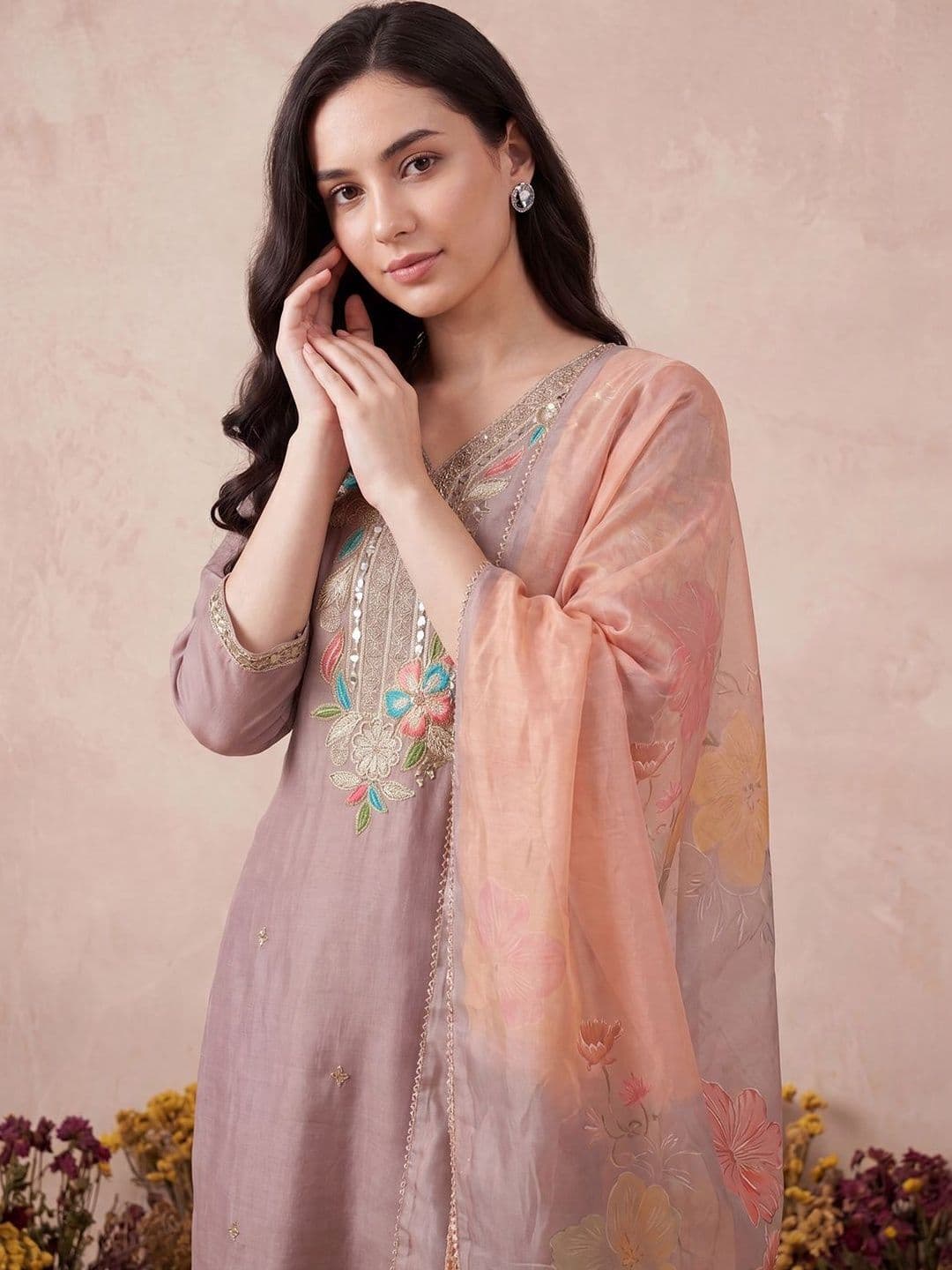 Indo Era Women Floral Embroidered Regular Mirror Work Kurta with Trousers & With Dupatta - view 1