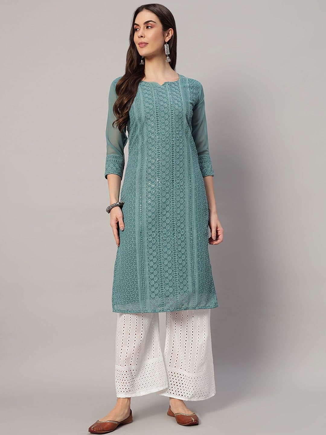 HERE&NOW Chikankari Embroidered Round Neck Sequinned Georgette Kurta - view 1