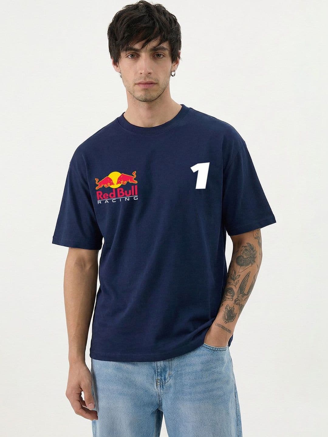 Crazymonk Graphic Printed Round Neck Drop-Shoulder Sleeves Oversized Cotton T-shirt - view 1