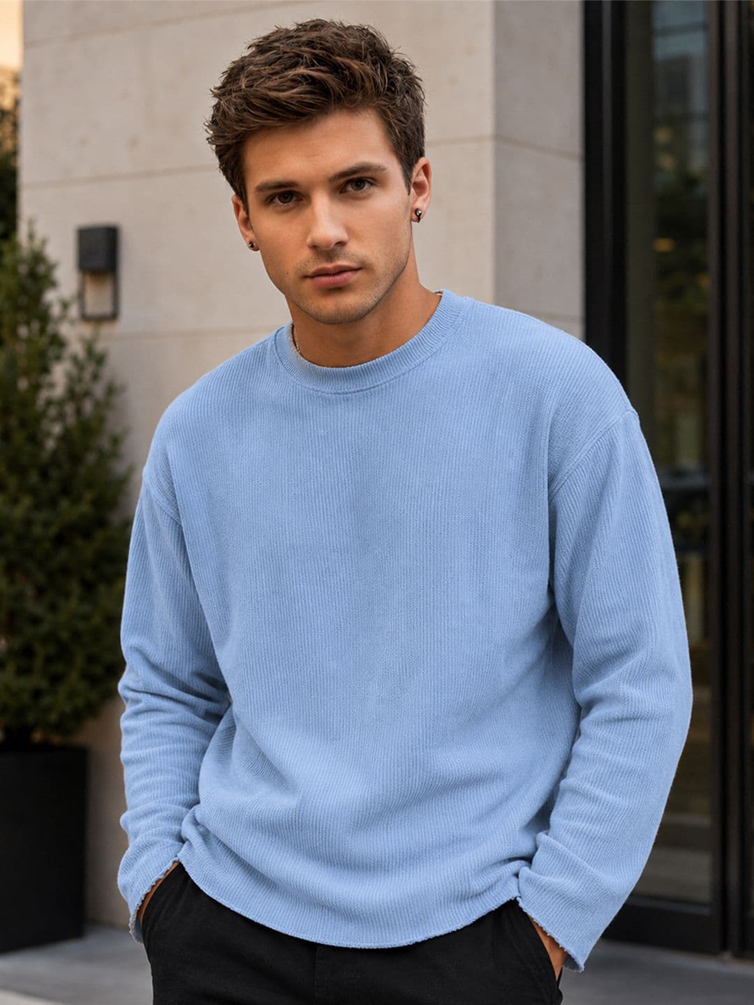 Friskers Textured Round Neck Long Sleeves Raw Edge Relaxed Fit Cotton T-shirt - view 1