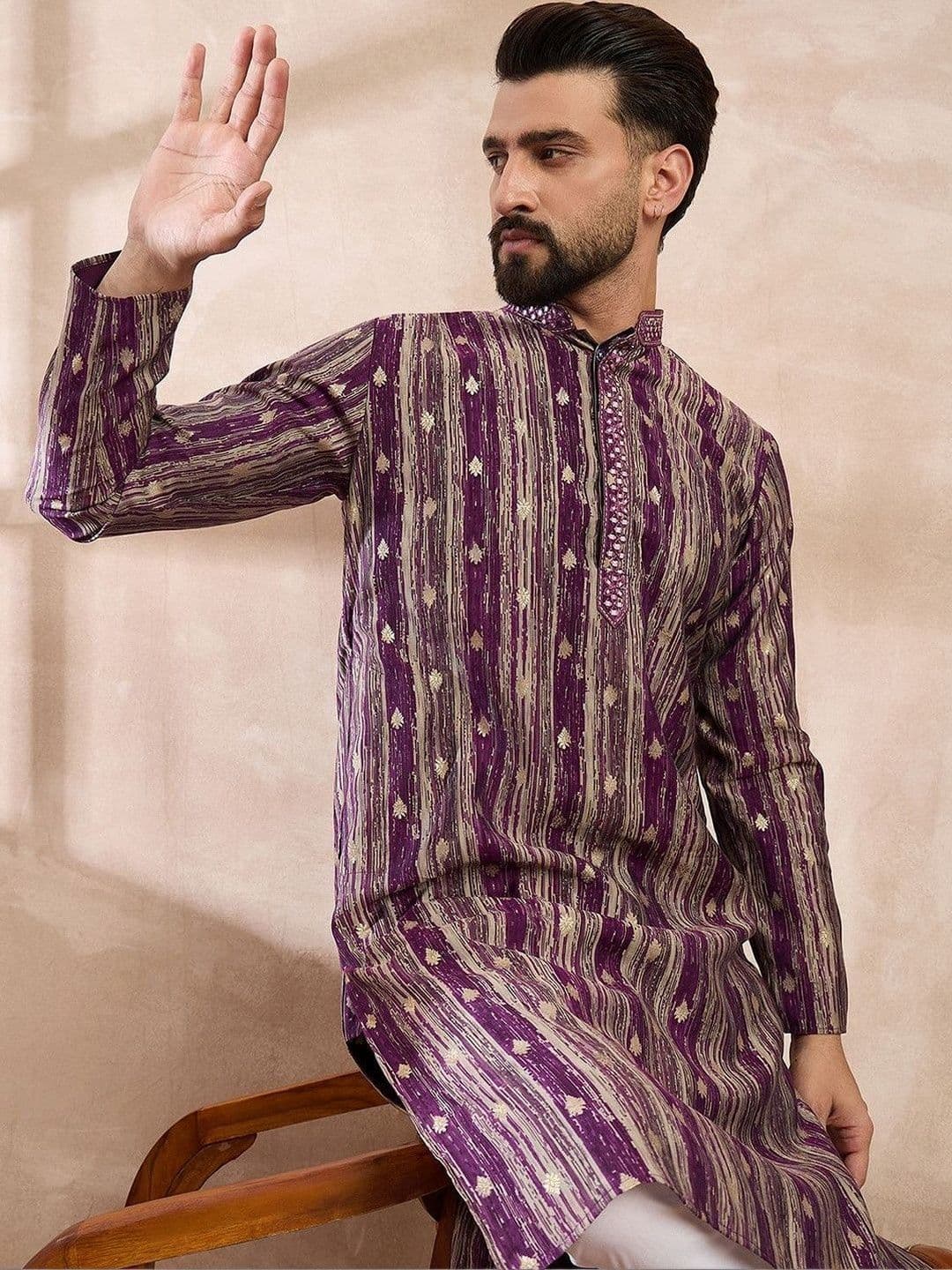 House of Pataudi Printed Mandarin Collar Knee Length Straight Kurta - view 1