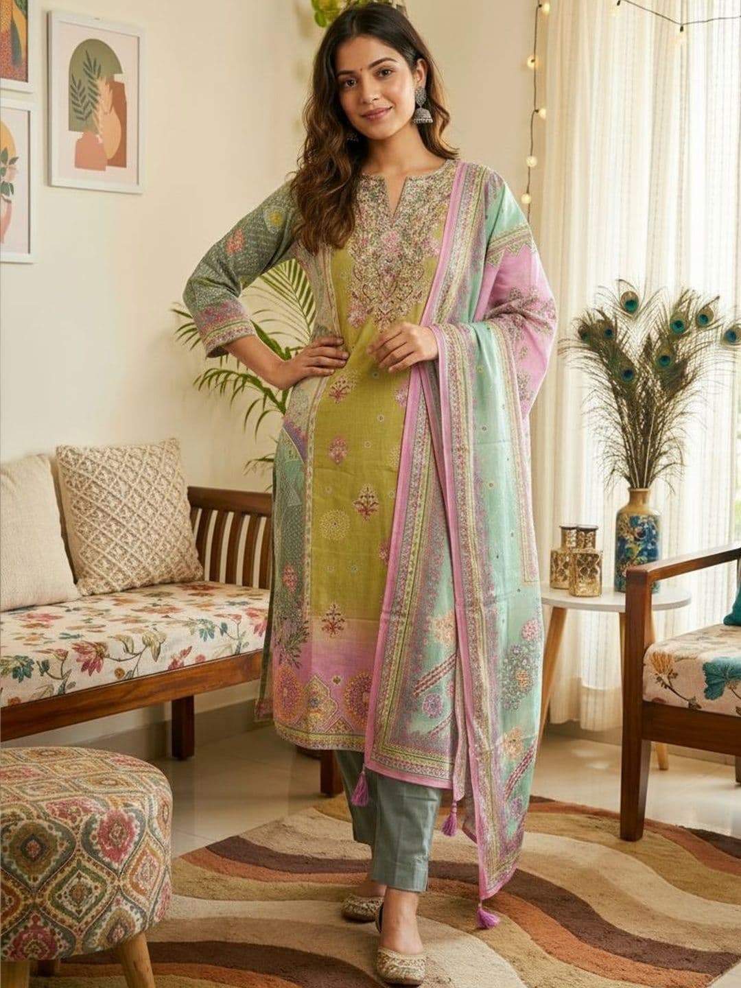 Anouk Women Ethnic Motifs Printed Regular Pure Cotton Kurta with Palazzos & With Dupatta - view 1