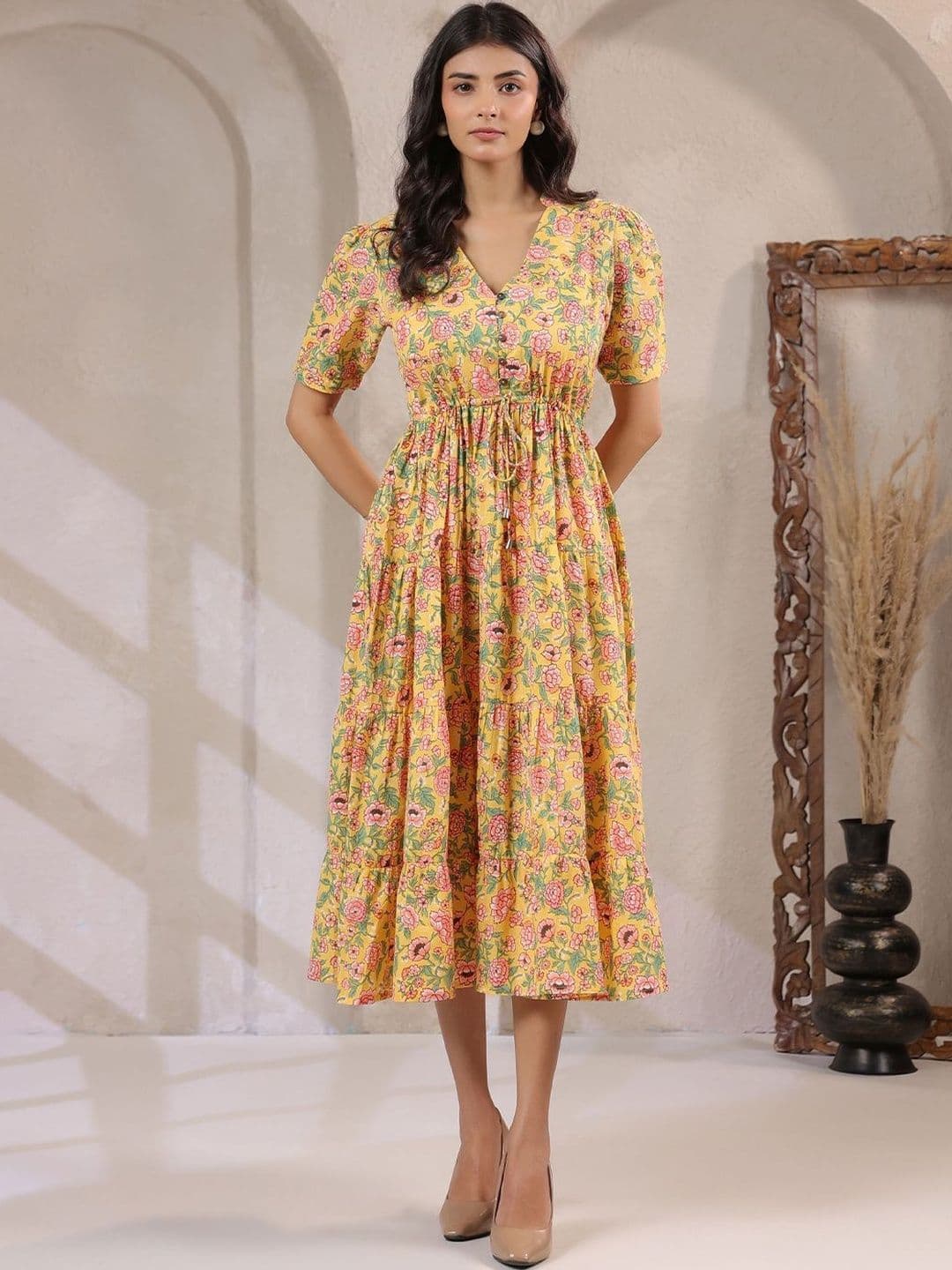 Twelve South Floral Print Puff Sleeve A-Line Midi Dress - view 1