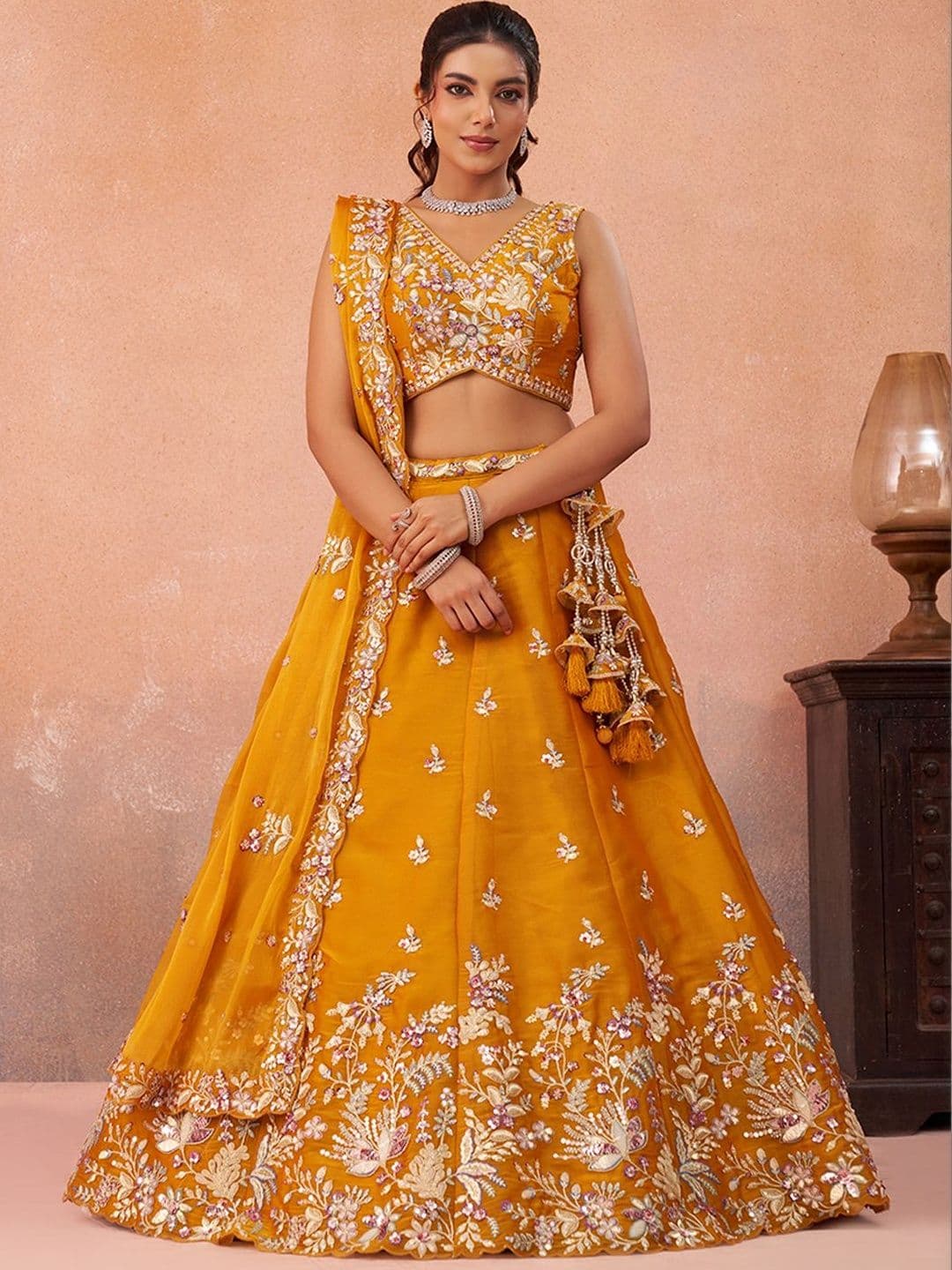NAVYAAZRI Embroidered Sequinned Semi-Stitched Lehenga & Unstitched Blouse With Dupatta - view 1