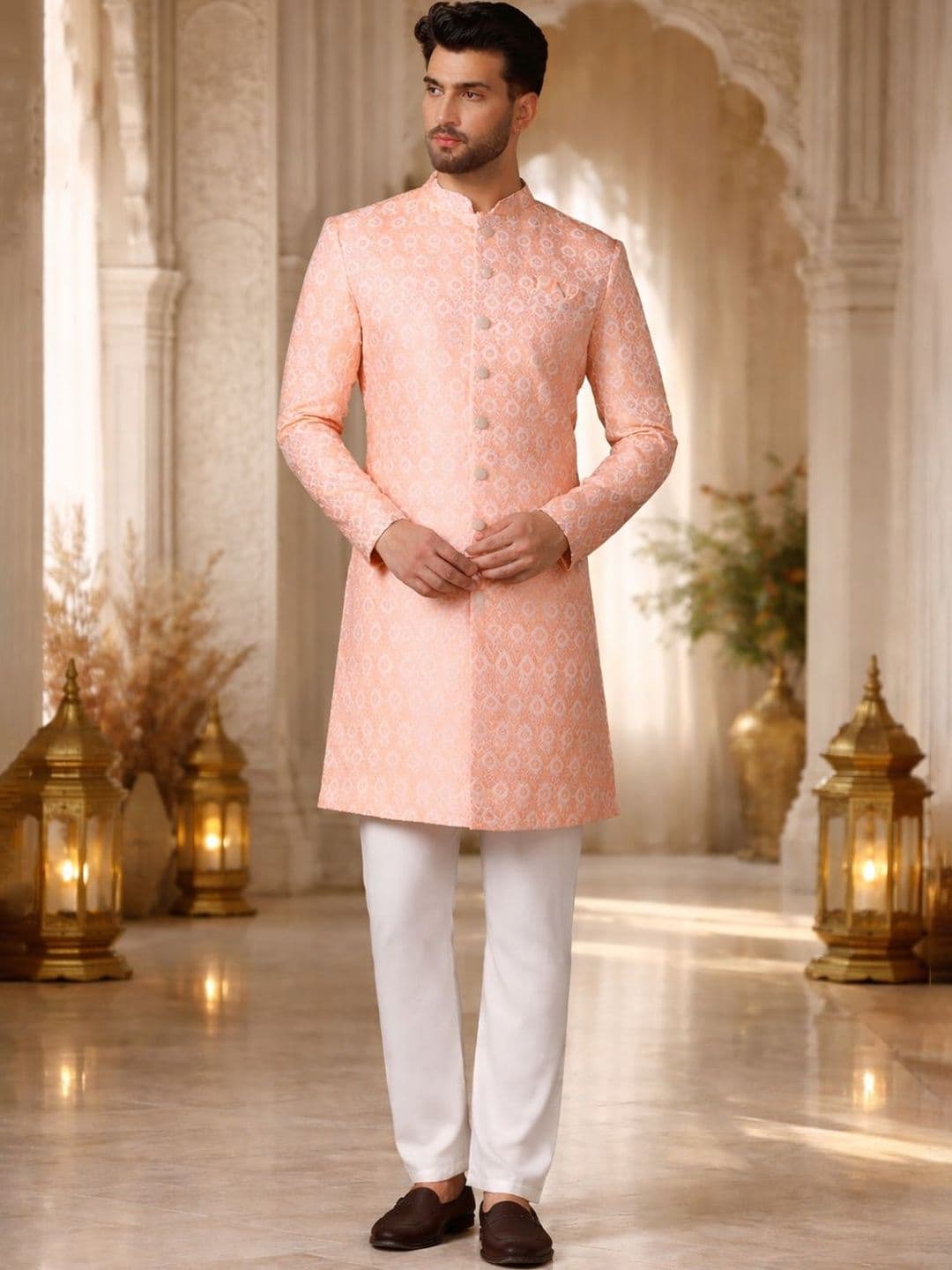 SOURAGYA Self Design Mandarin Collar Sherwani Set