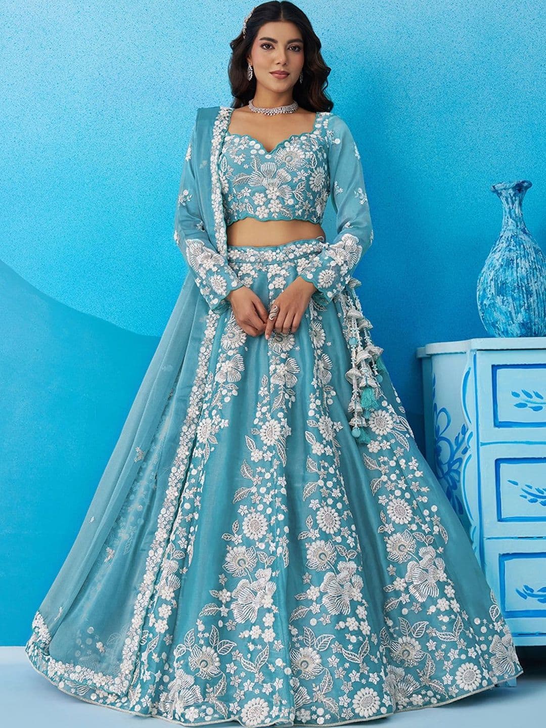 NAVYAAZRI Embroidered Thread Work Semi-Stitched Lehenga & Unstitched Blouse With Dupatta - view 1