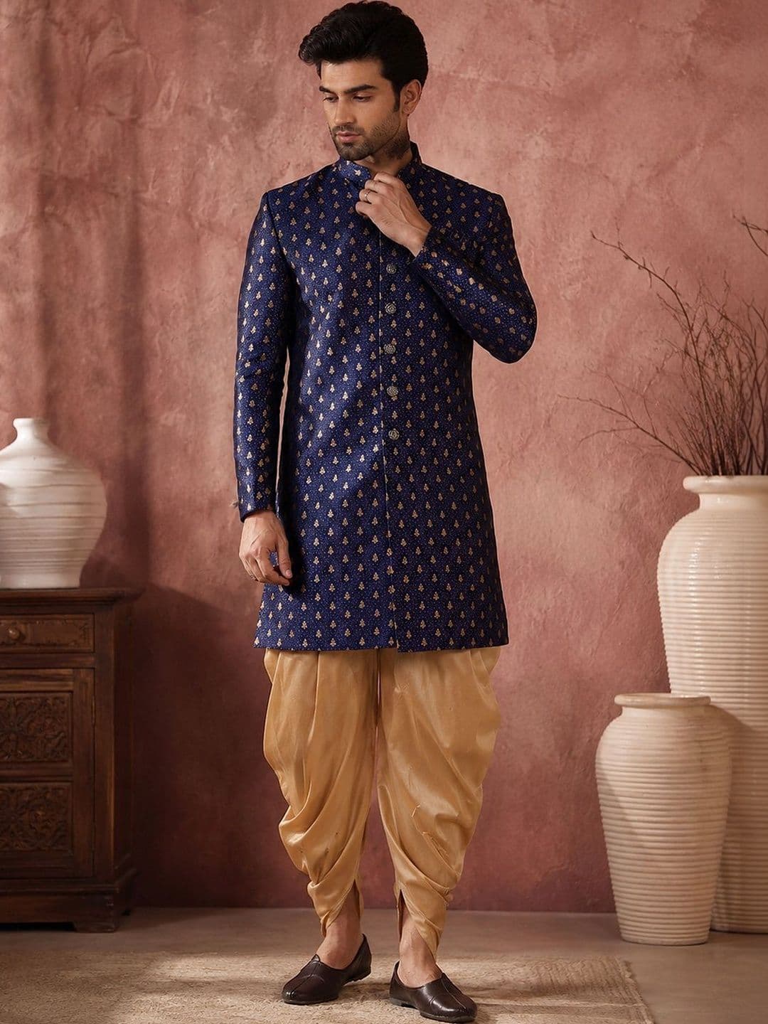 SOURAGYA Embroidered Mandarin Collar Sherwani Set