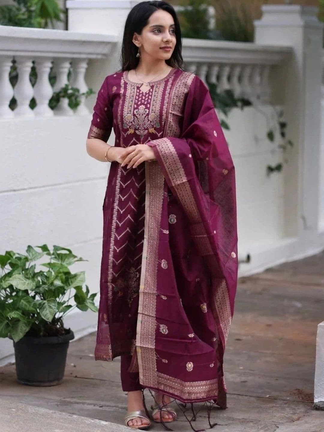 SILK BLISS Women Ethnic Motifs Regular Chanderi Cotton Kurta with Trousers & With Dupatta - view 1