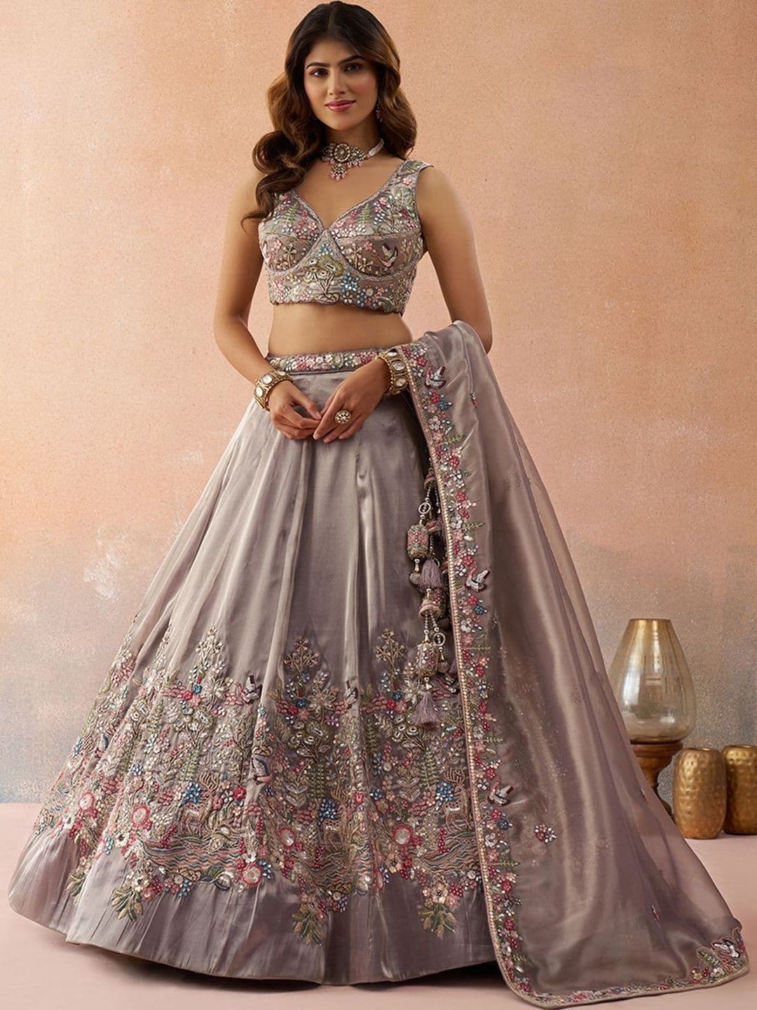 KALINI Embroidered Thread Work Semi-Stitched Lehenga & Unstitched Blouse With Dupatta - view 1