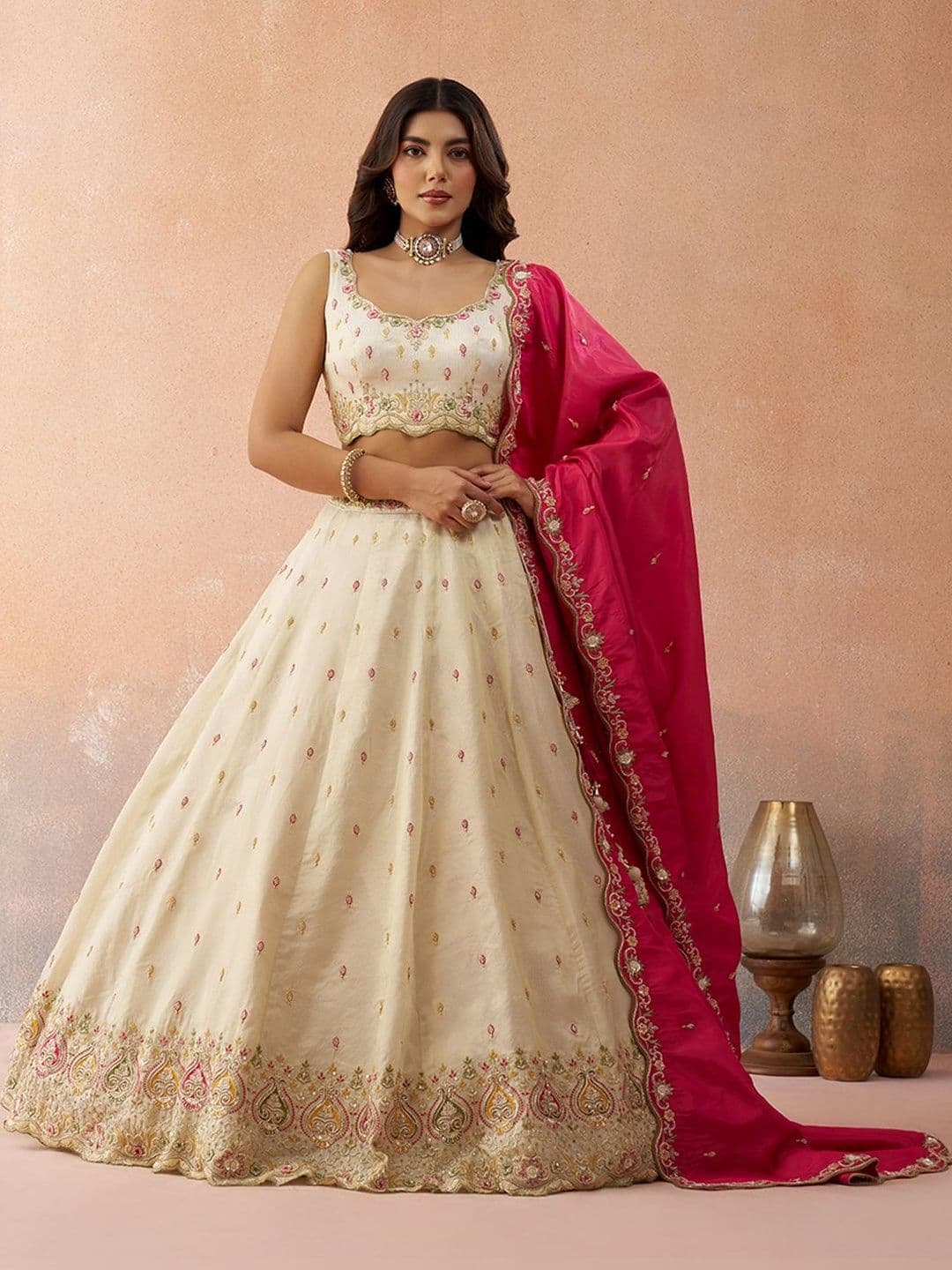 KALINI Embroidered Thread Work Semi-Stitched Lehenga & Unstitched Blouse With Dupatta - view 1