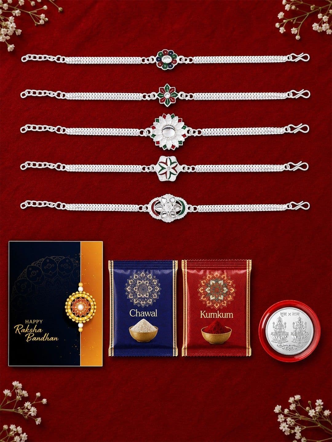 DeoDap Set of 5 Rakhis With Greeting Card & Roli-Chawal & Silver Toned coin - view 1