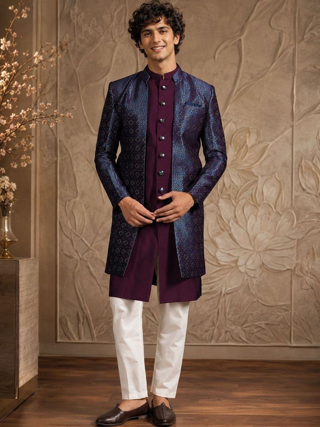 SOURAGYA Embroidered Mandarin Collar Sherwani Set