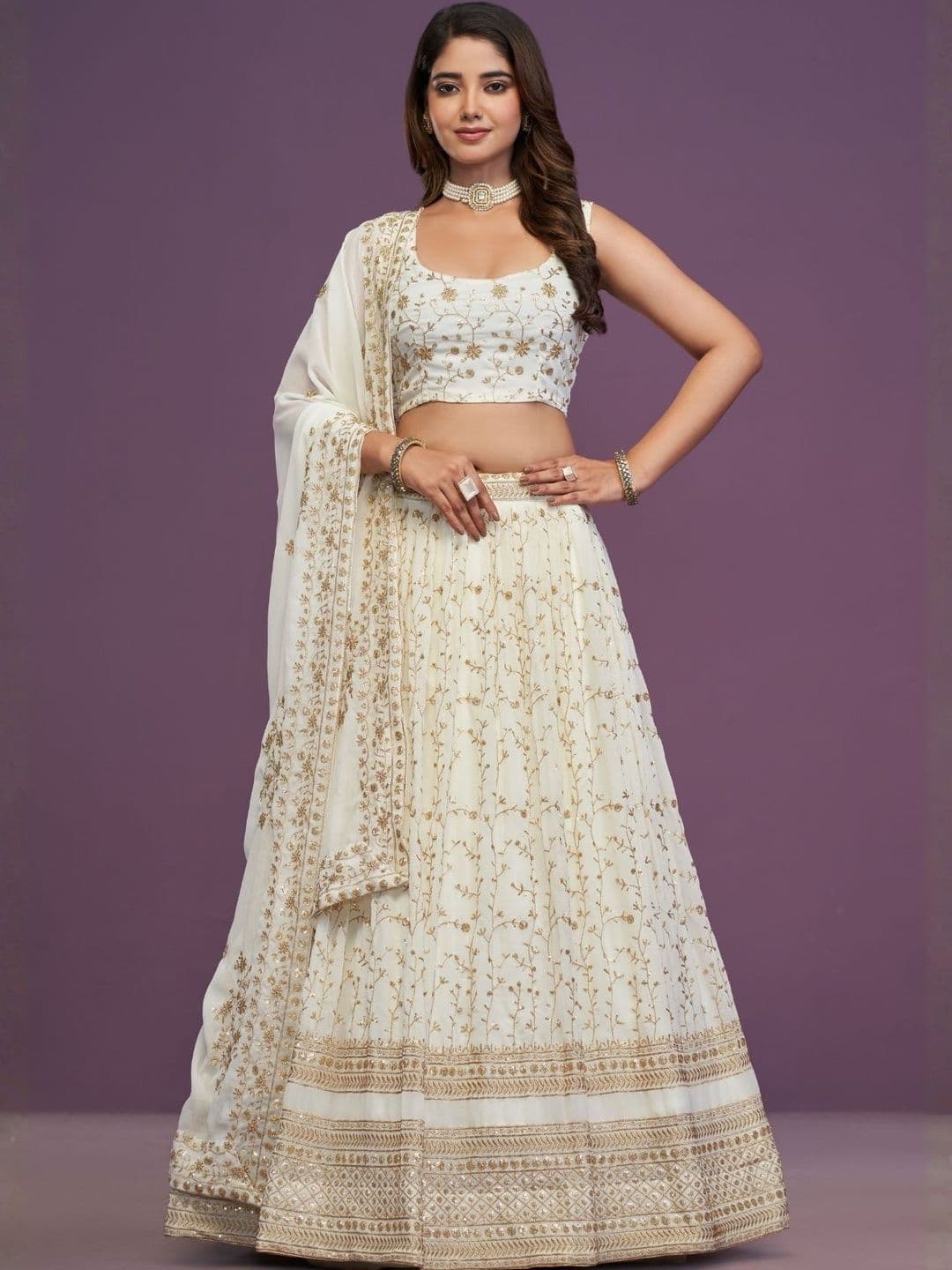 ODETTE Embroidered Beads and Stones Semi-Stitched Lehenga & Unstitched Blouse With Dupatta - view 1