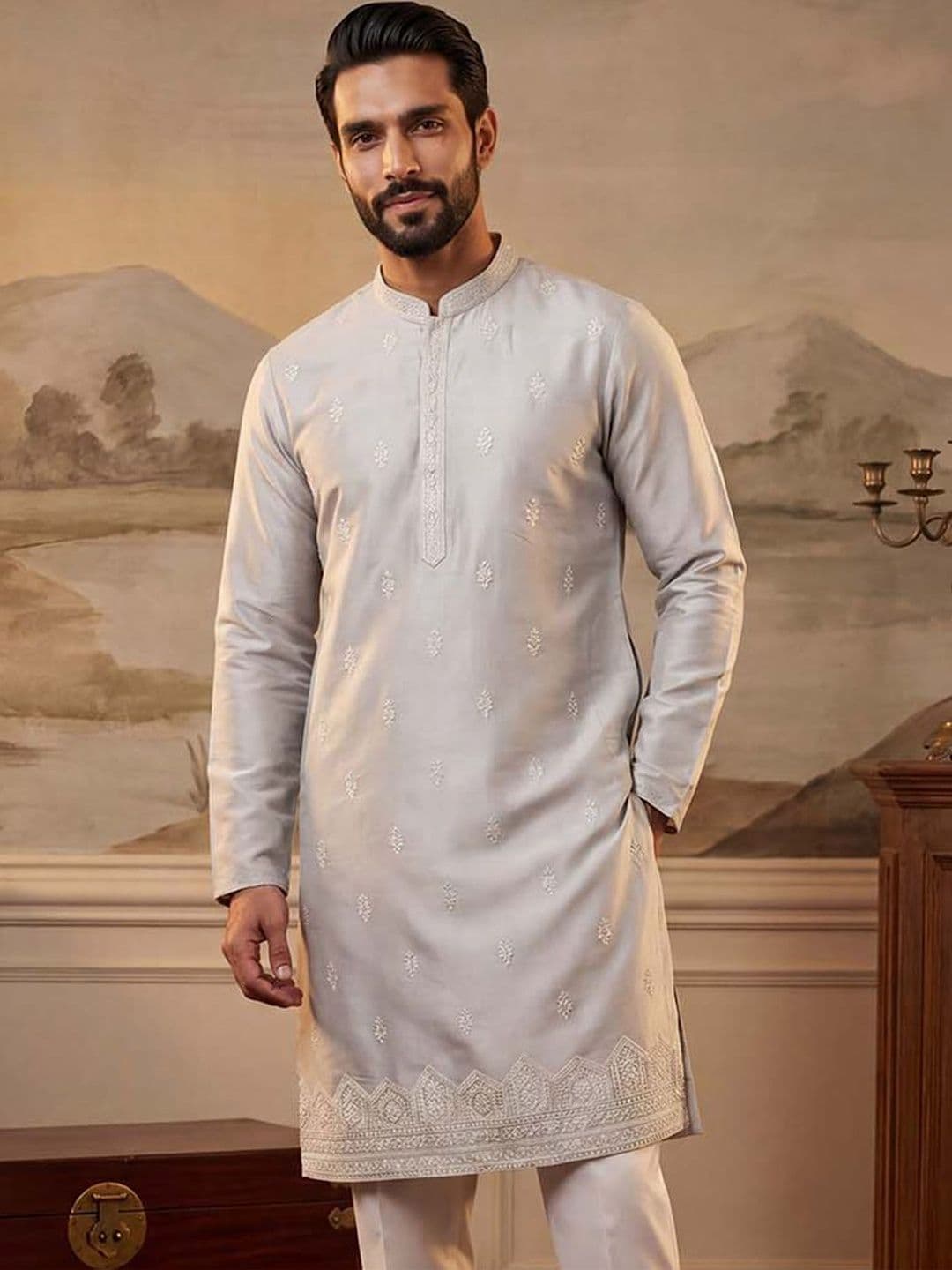 House of Pataudi Embroidered Mandarin Collar Calf Length Straight Kurta - view 1
