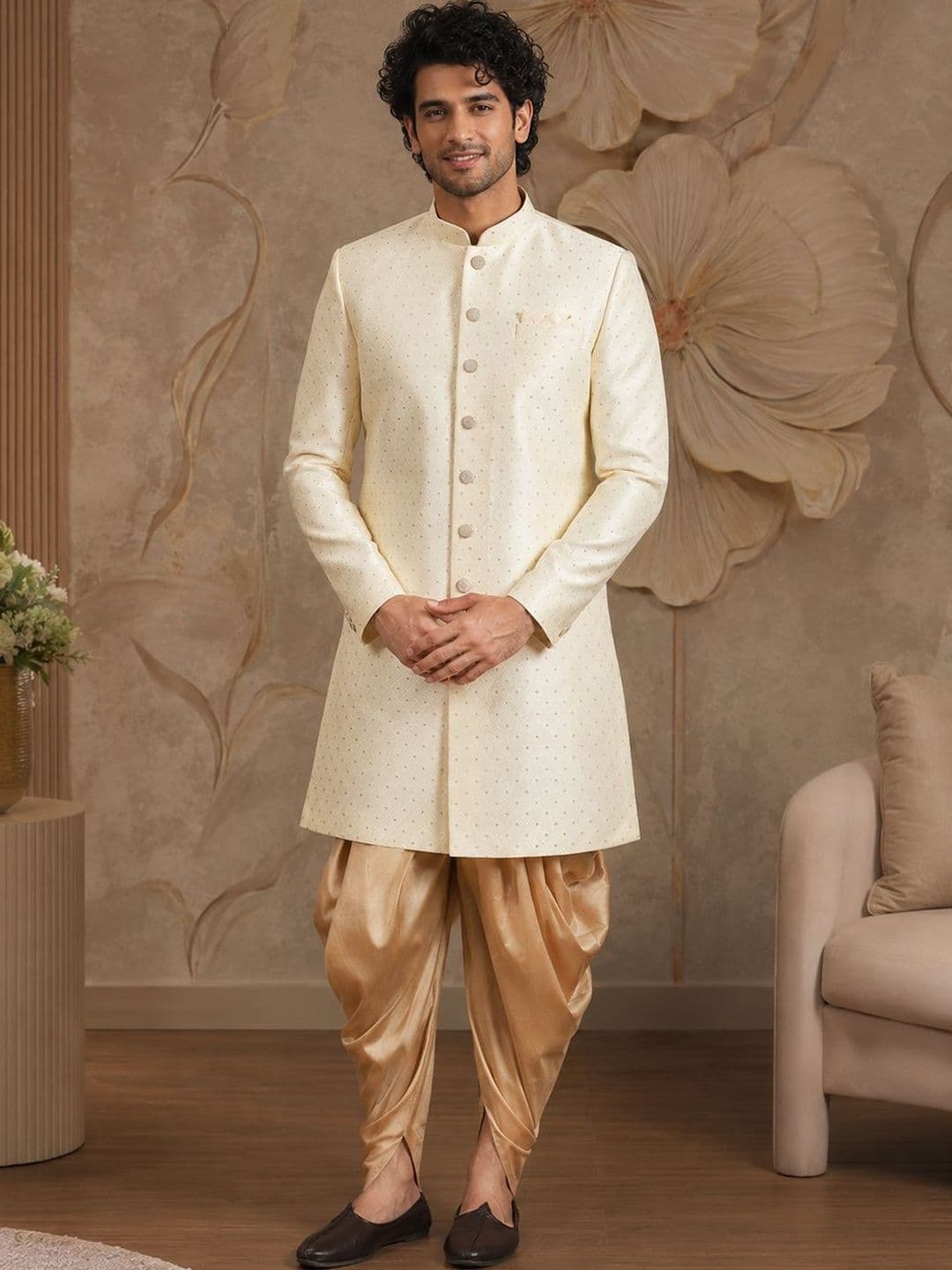 SOURAGYA Self Design Mandarin Collar Sherwani Set
