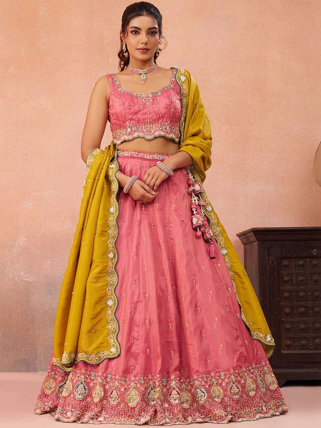 KALINI Embroidered Thread Work Semi-Stitched Lehenga & Unstitched Blouse With Dupatta - view 1