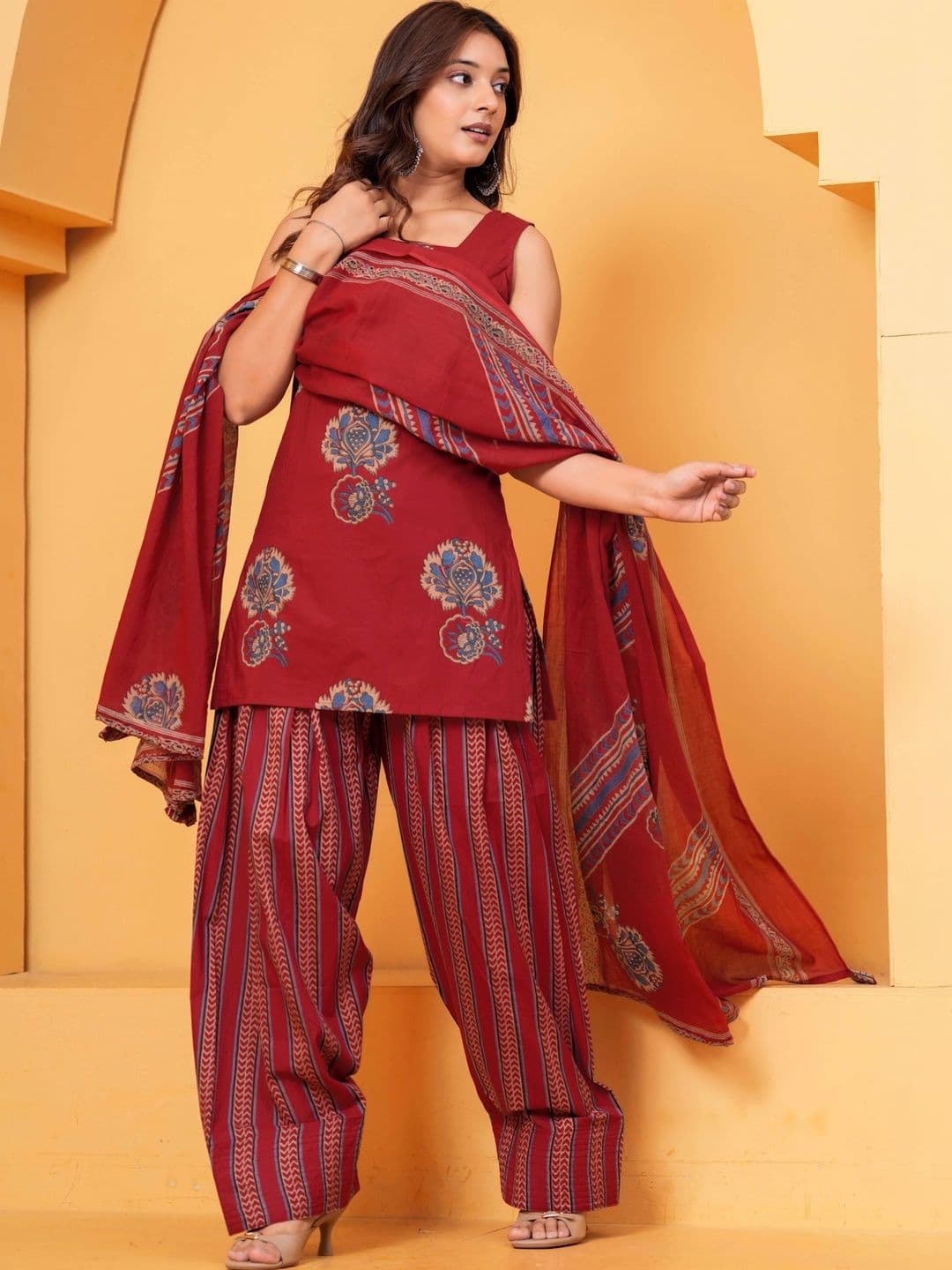 KALINI Women Ethnic Motifs Printed Regular Cotton Kurta With Farshi Salwar & Dupatta - view 1