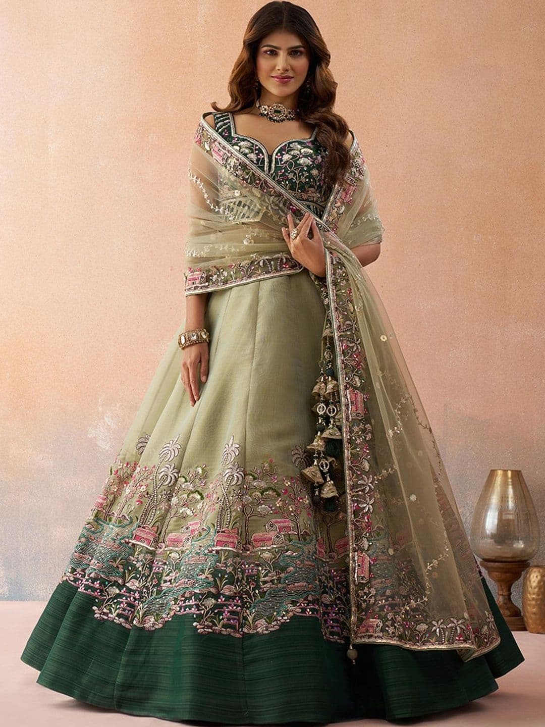 KALINI Embroidered Thread Work Semi-Stitched Lehenga & Unstitched Blouse With Dupatta - view 1