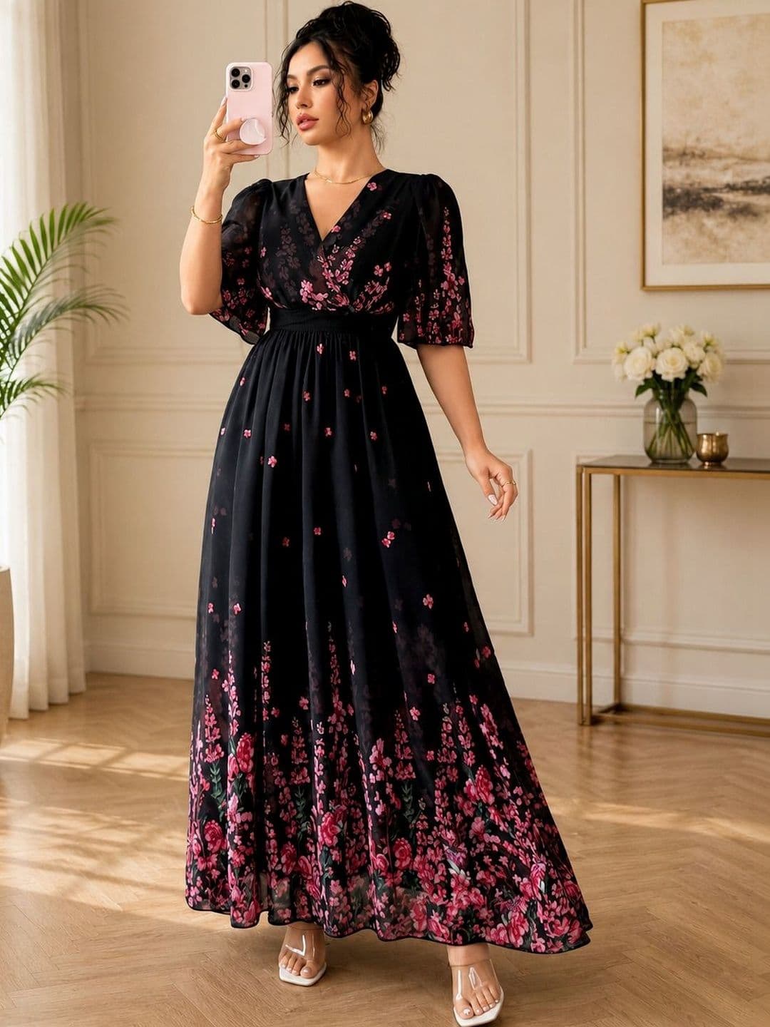Nautiful Floral Print Flared Sleeve Georgette A-Line Maxi Dress - view 1