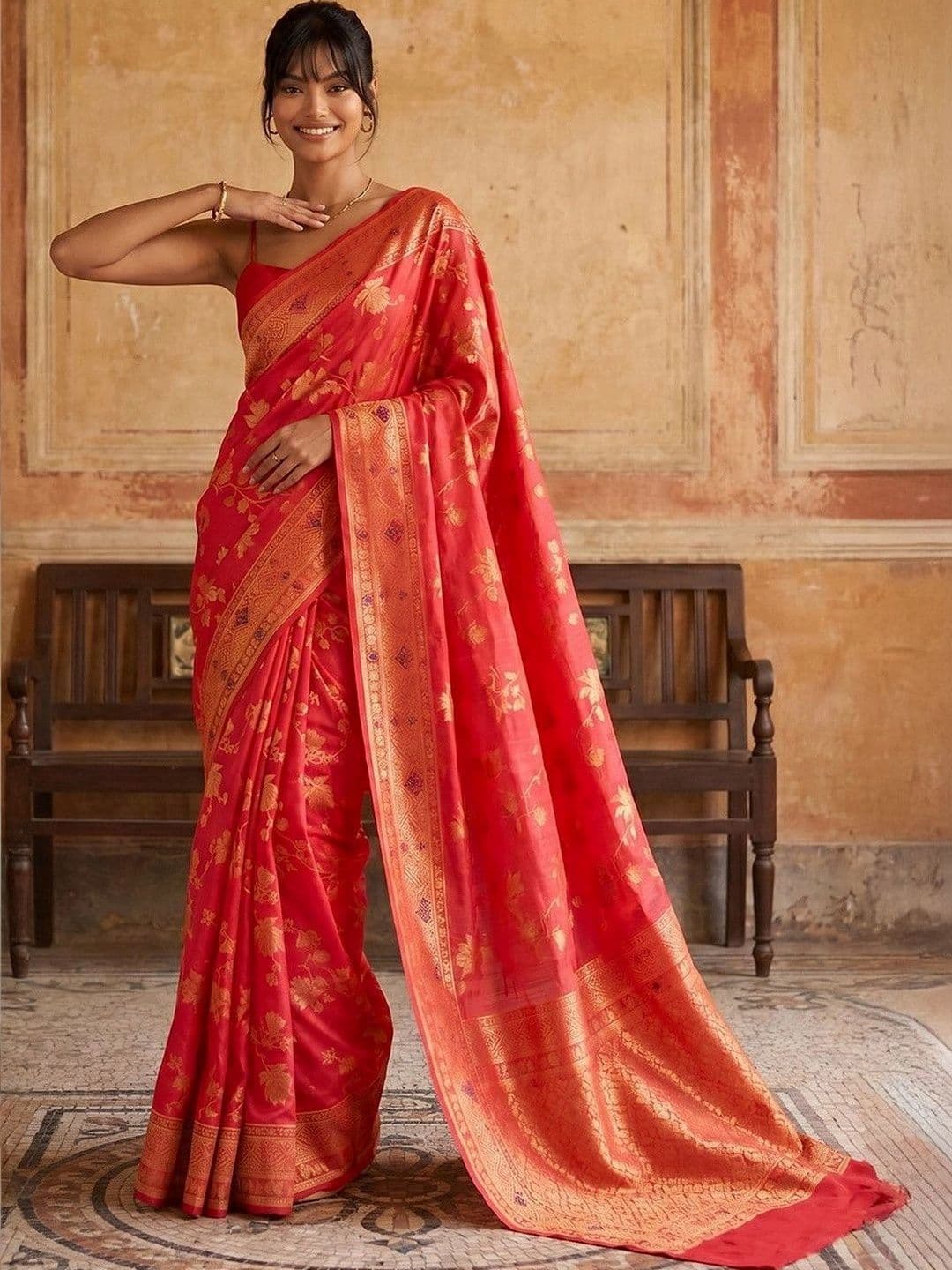 DRIP CHOWK Floral Zari Silk Blend Heavy Work Saree - view 1