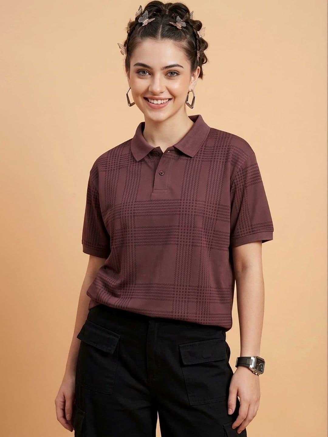 Moda Rapido Women Checked Polo Collar T-shirt - view 1