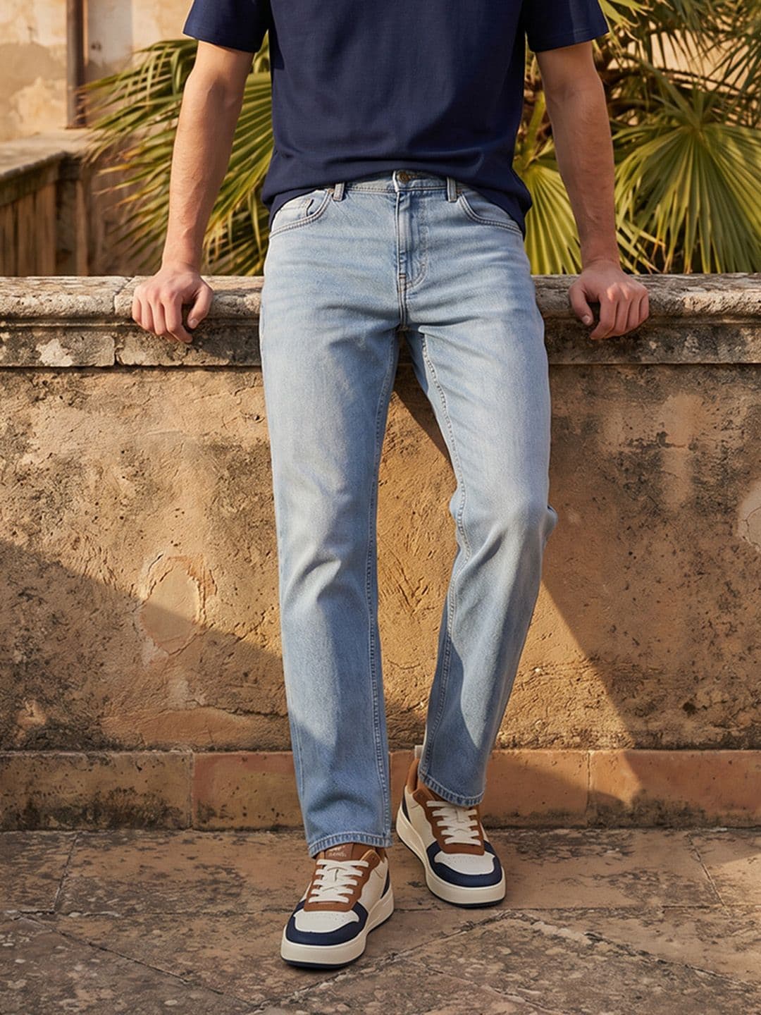 Mast & Harbour Men Straight Fit Mid-Rise Light Fade Stretchable Jeans - view 1