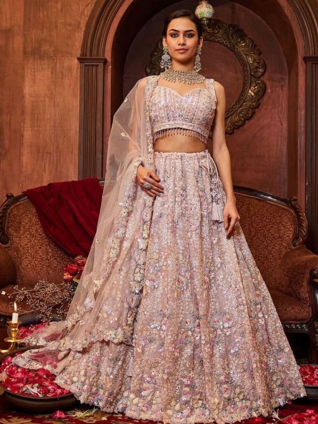 ODETTE Embroidered Beads and Stones Semi-Stitched Lehenga & Unstitched Blouse With Dupatta - view 1