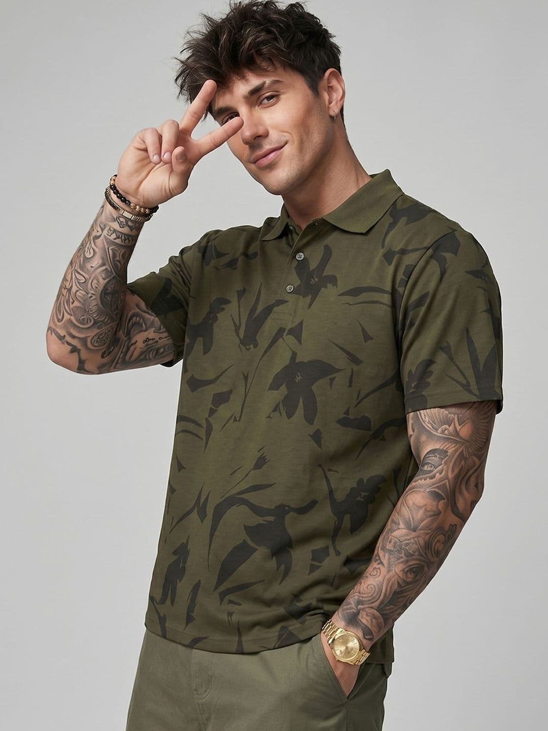 HERE&NOW Men Printed Polo Collar Tropical T-shirt - view 1
