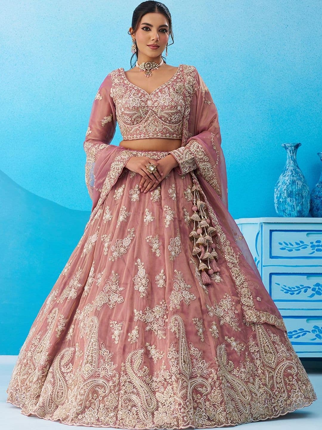 KALINI Embroidered Thread Work Semi-Stitched Lehenga & Unstitched Blouse With Dupatta - view 1