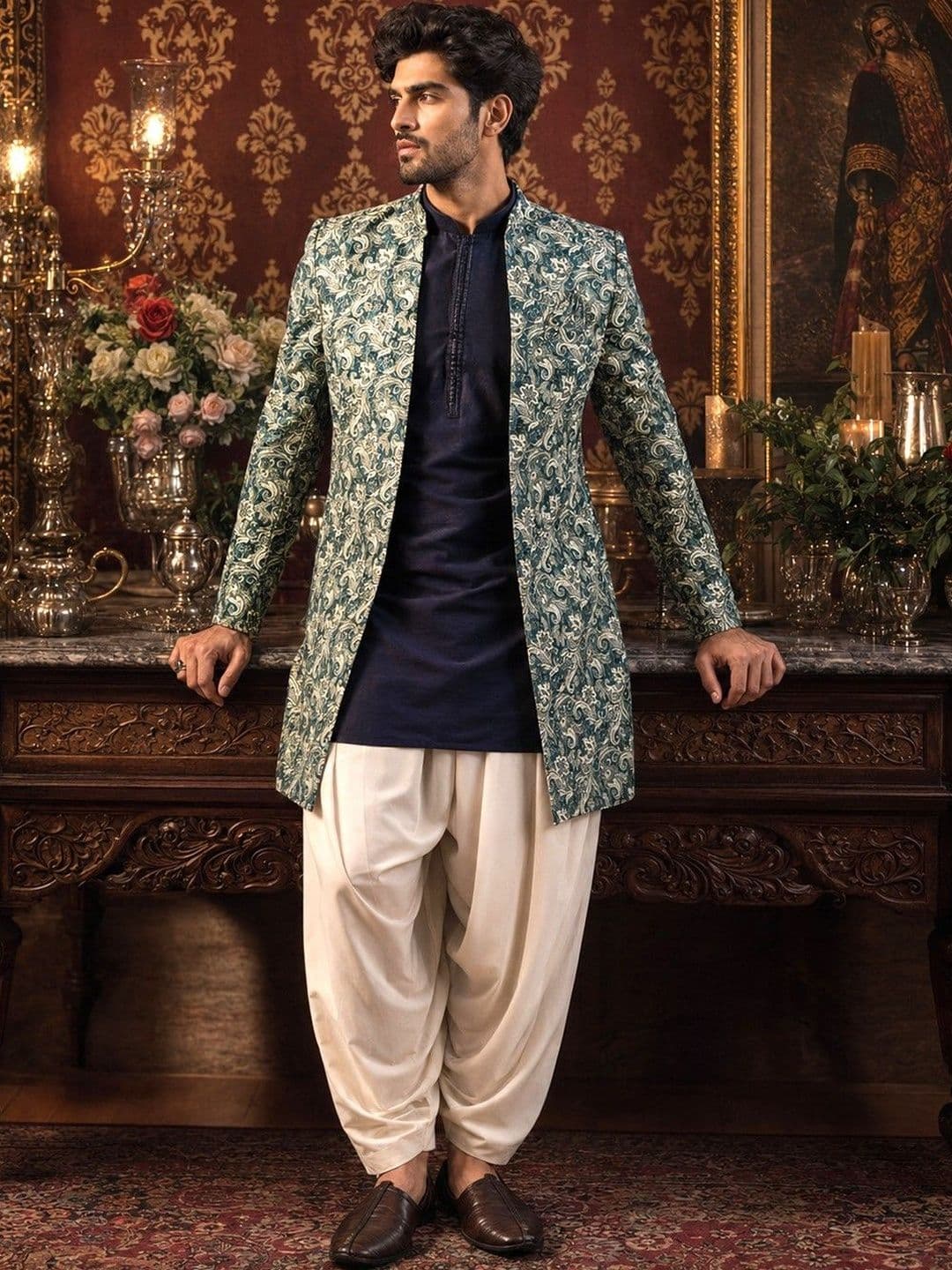 SOURAGYA Printed Mandarin Collar Sherwani Set