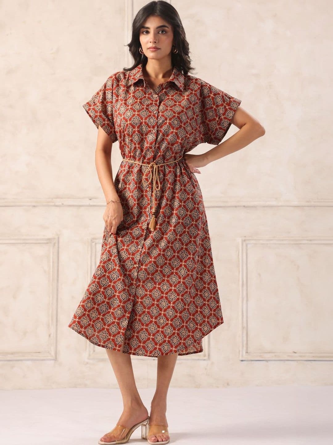 KALAMIR Ethnic Motifs Print Shirt Midi Dress - view 1