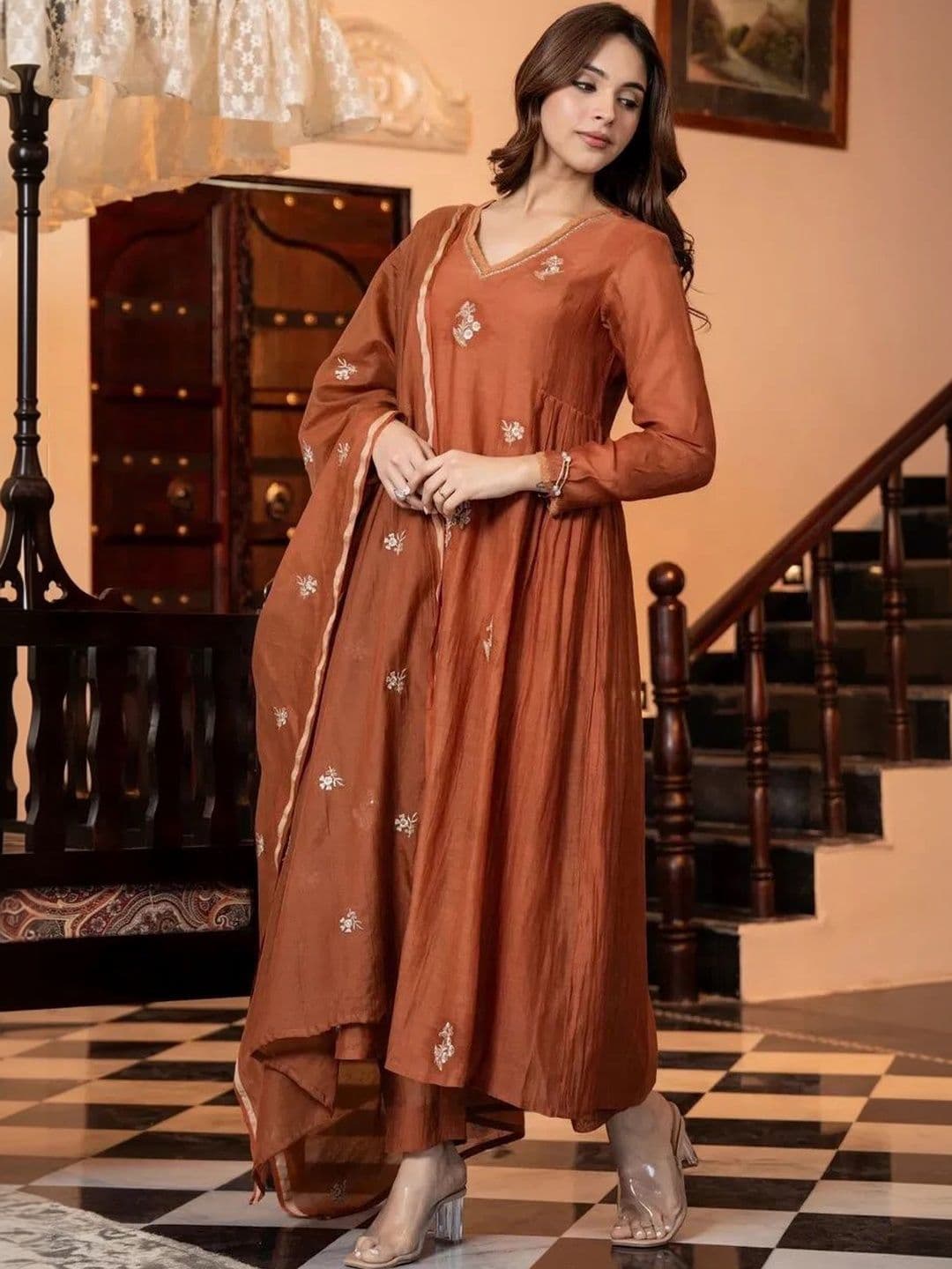 DHVIJA FASHION Women Ethnic Motifs Embroidered Empire Thread Work Kurta with Trousers & With Dupatta - view 1
