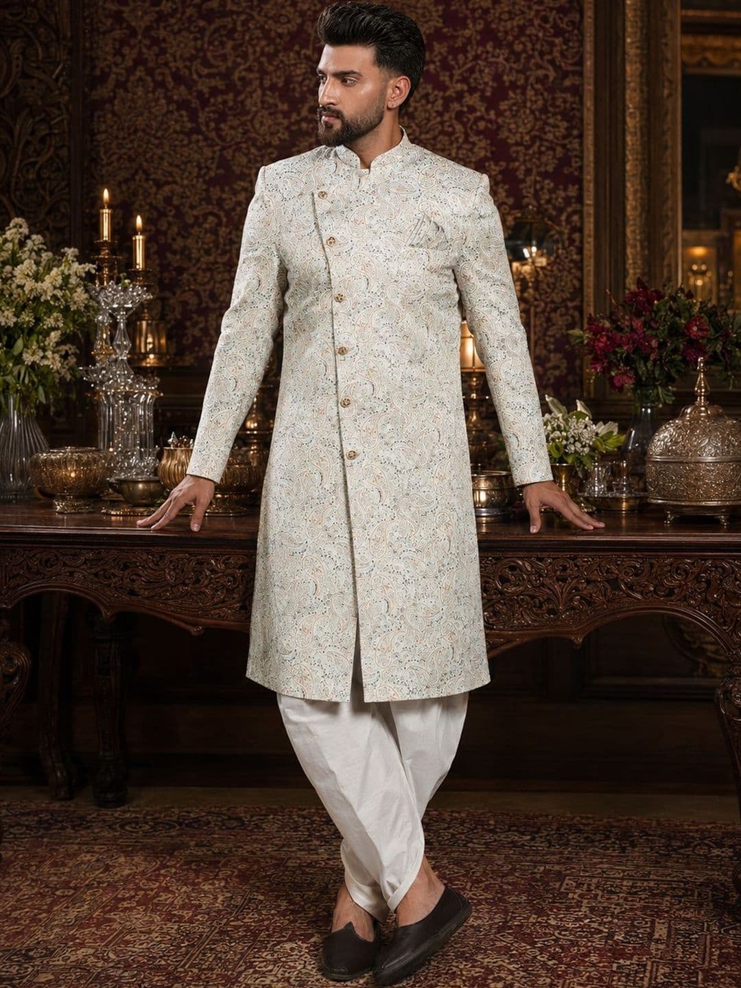 SOURAGYA Printed Mandarin Collar Sherwani Set