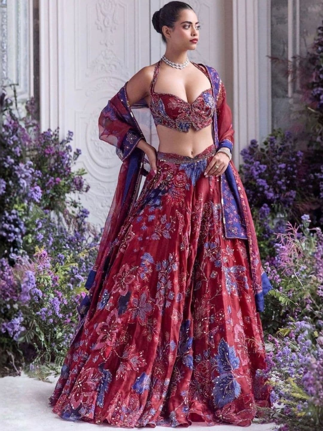 ODETTE Embroidered Beads and Stones Semi-Stitched Lehenga & Unstitched Blouse With Dupatta - view 1