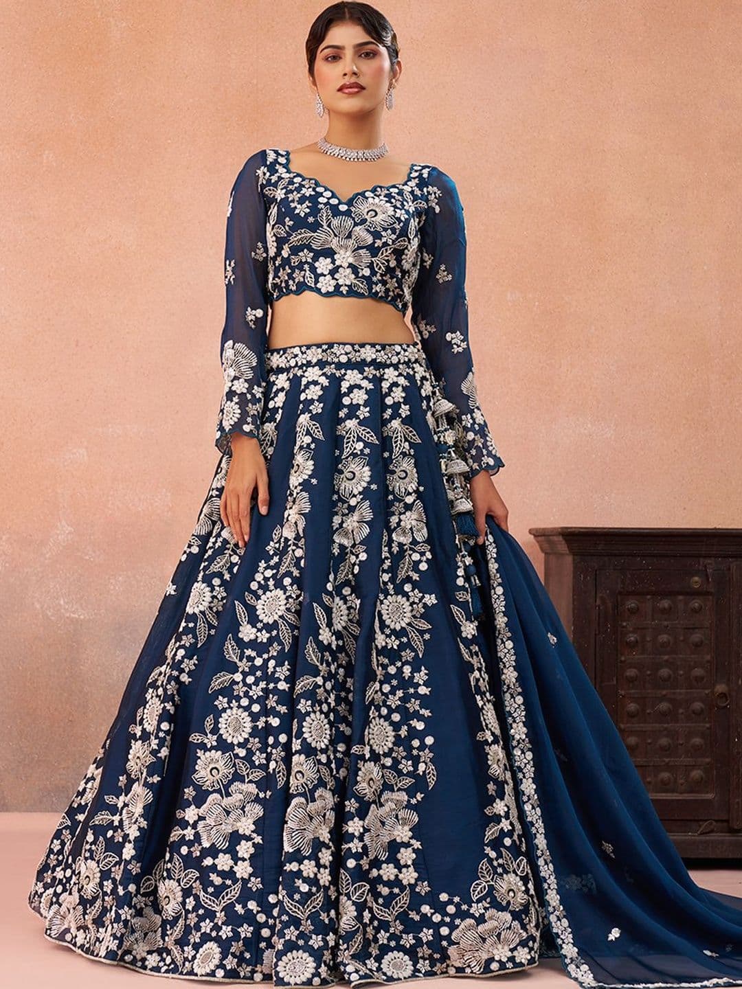 KALINI Embroidered Thread Work Semi-Stitched Lehenga & Unstitched Blouse With Dupatta - view 1