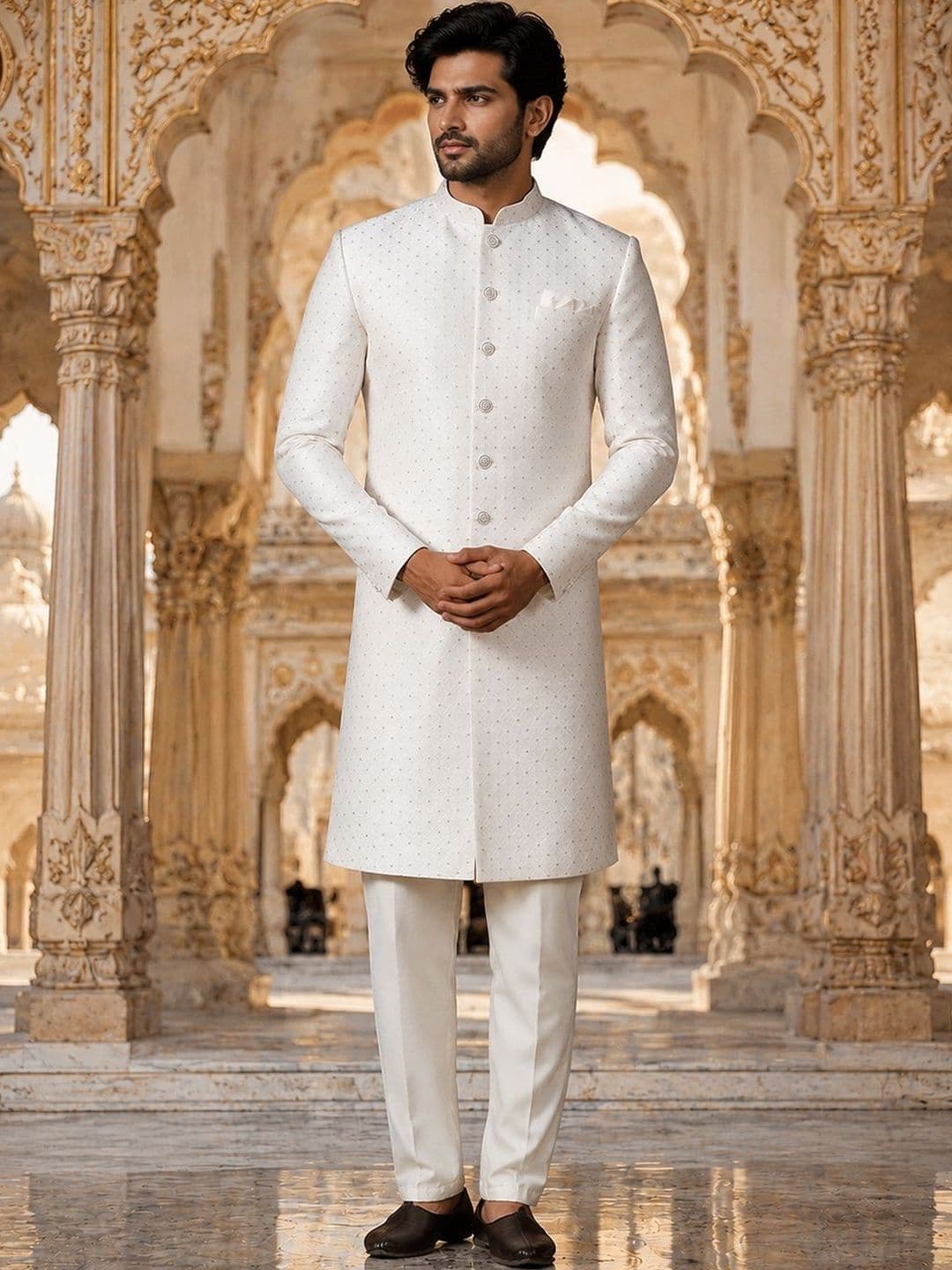SOURAGYA Self Design Mandarin Collar Sherwani Set