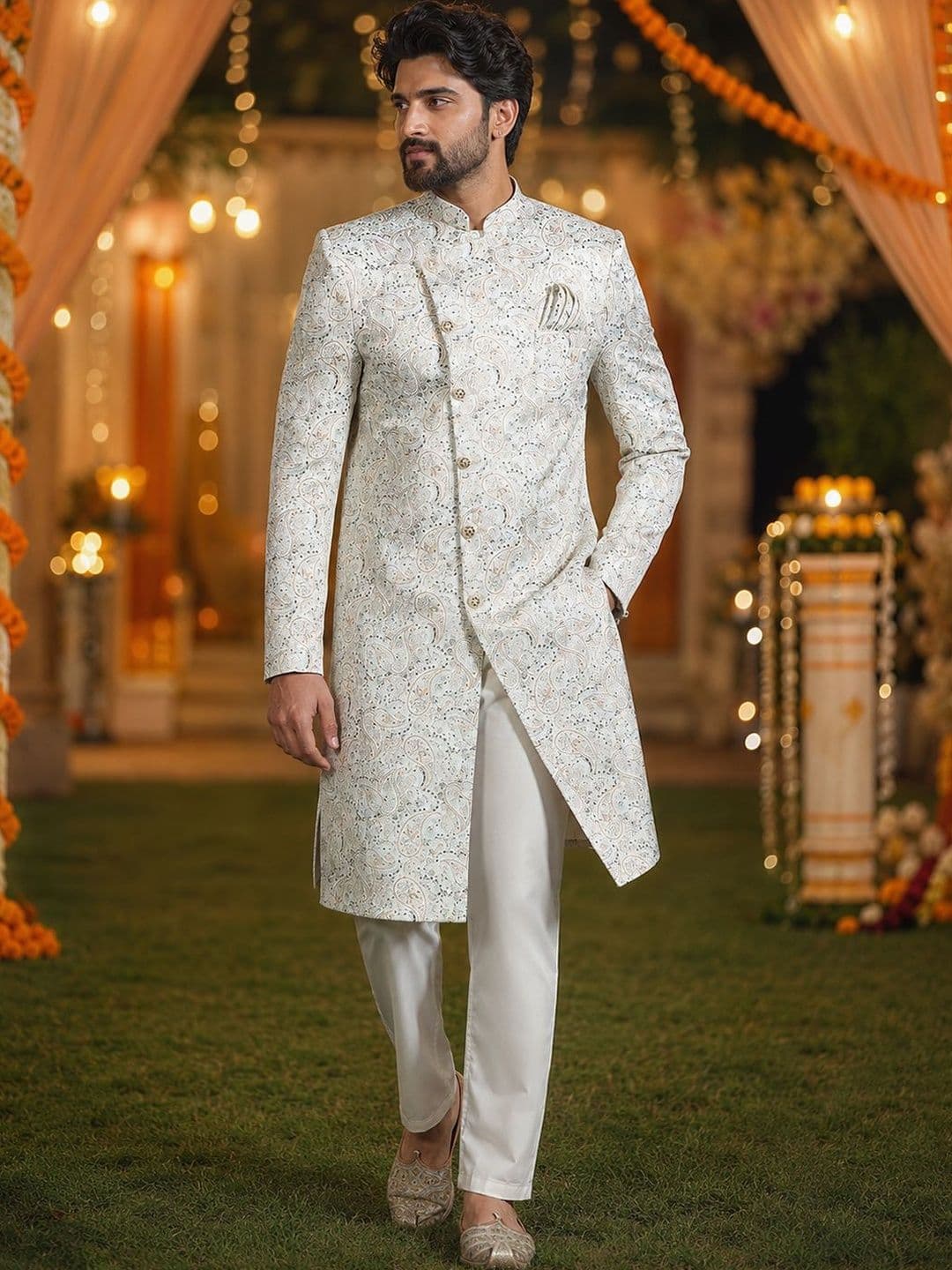 SOURAGYA Printed Mandarin Collar Sherwani Set