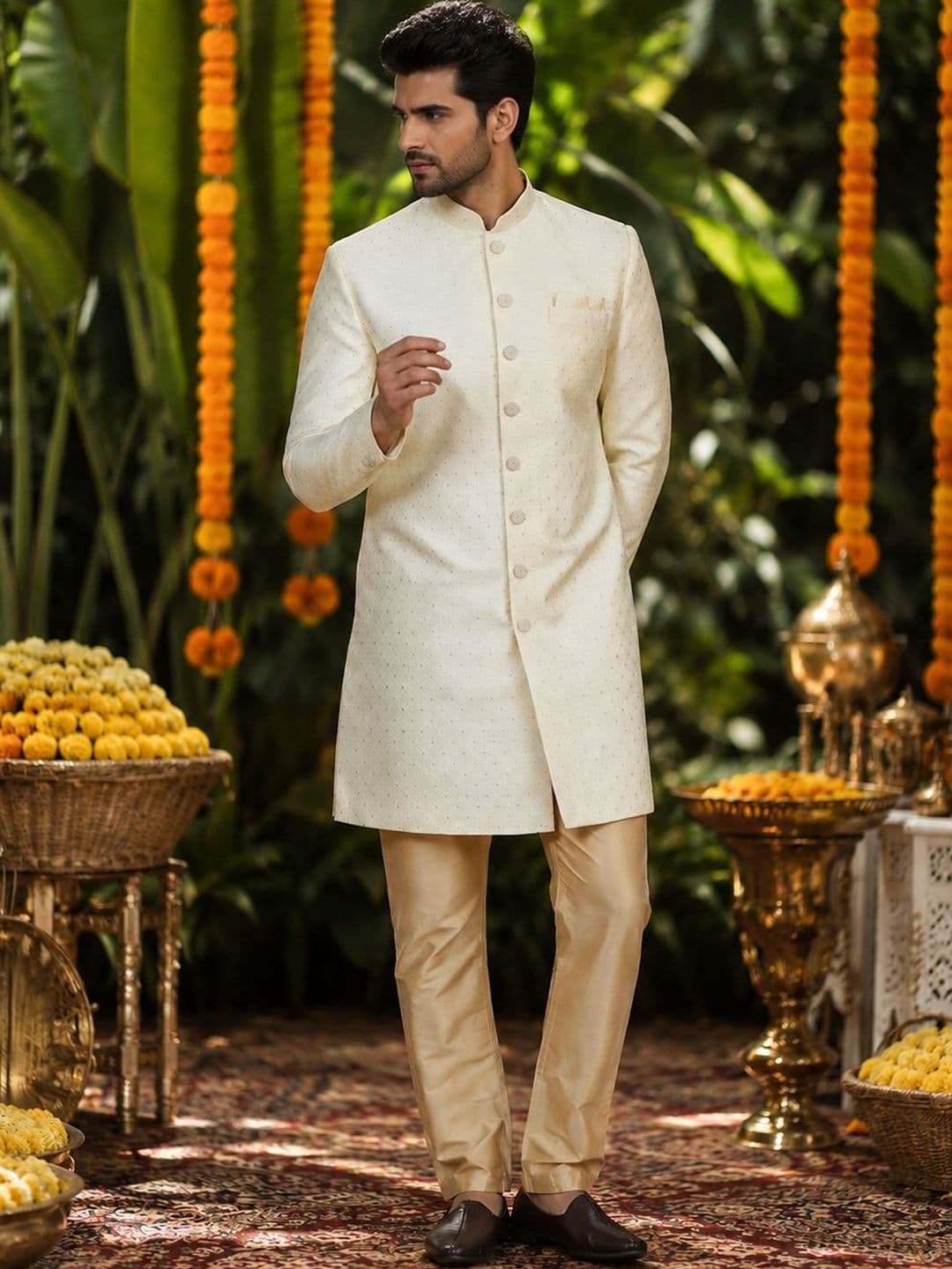 SOURAGYA Self Design Mandarin Collar Sherwani Set