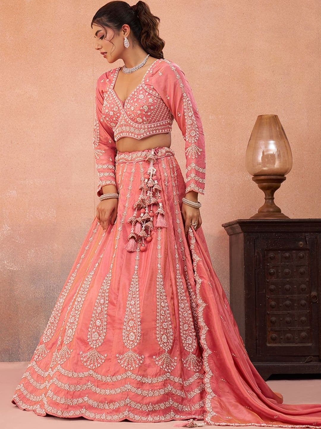 NAVYAAZRI Embroidered Thread Work Semi-Stitched Lehenga & Unstitched Blouse With Dupatta - view 1