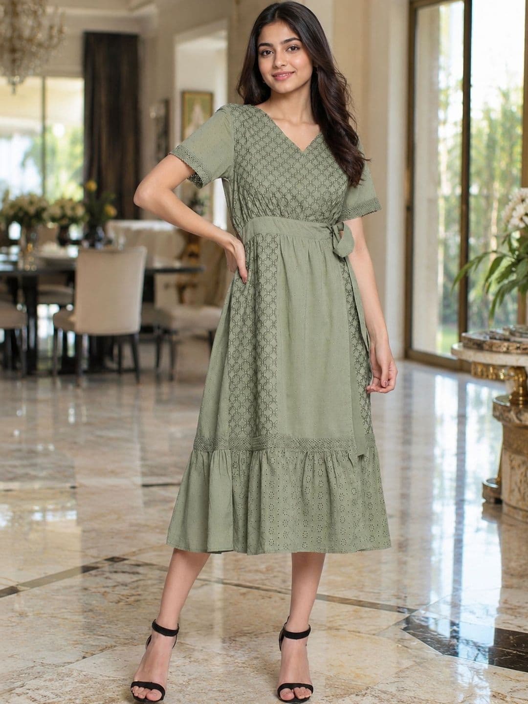 KALINI Women Olive Green Self-Design Flared Kurta With Tie-Up Waist - view 1