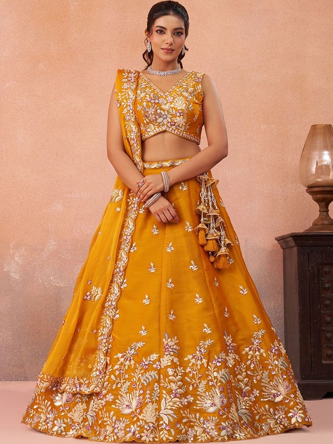 KALINI Embroidered Sequinned Semi-Stitched Lehenga & Unstitched Blouse With Dupatta - view 1