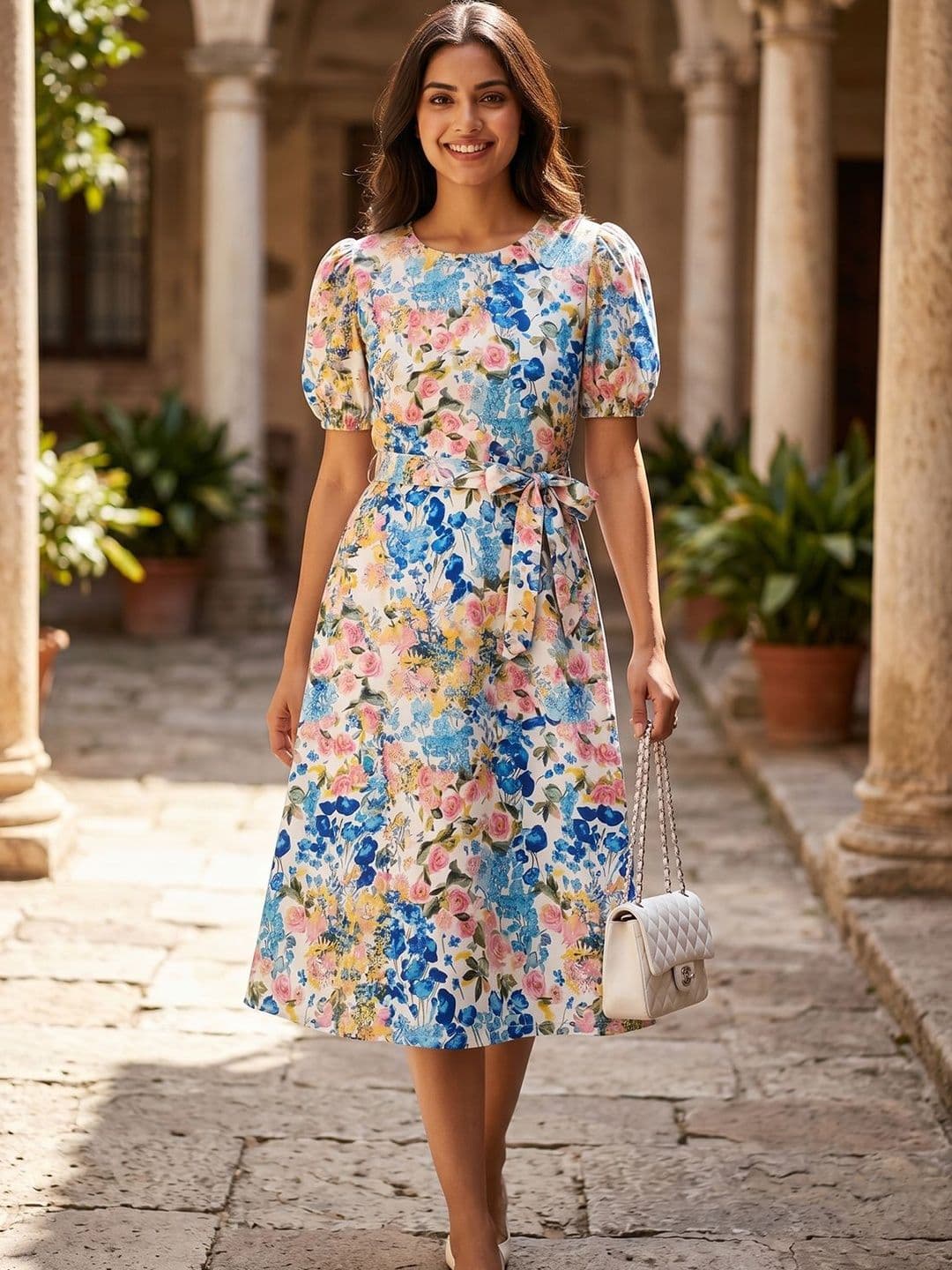 HELLCAT Floral Print Puff Sleeve A-Line Midi Dress - view 1