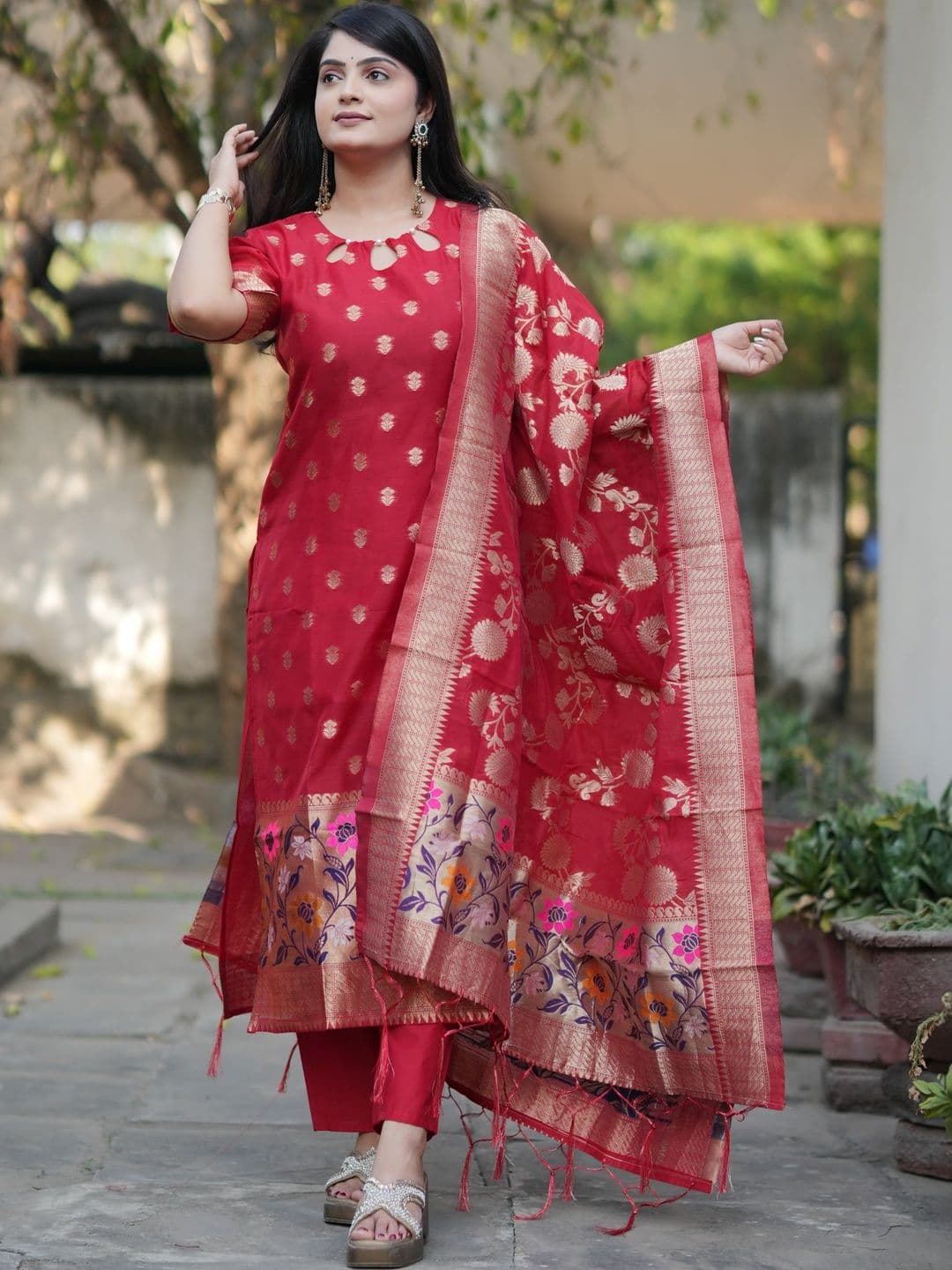 SILK BLISS Women Ethnic Motifs Regular Chanderi Cotton Kurta with Trousers & With Dupatta - view 1