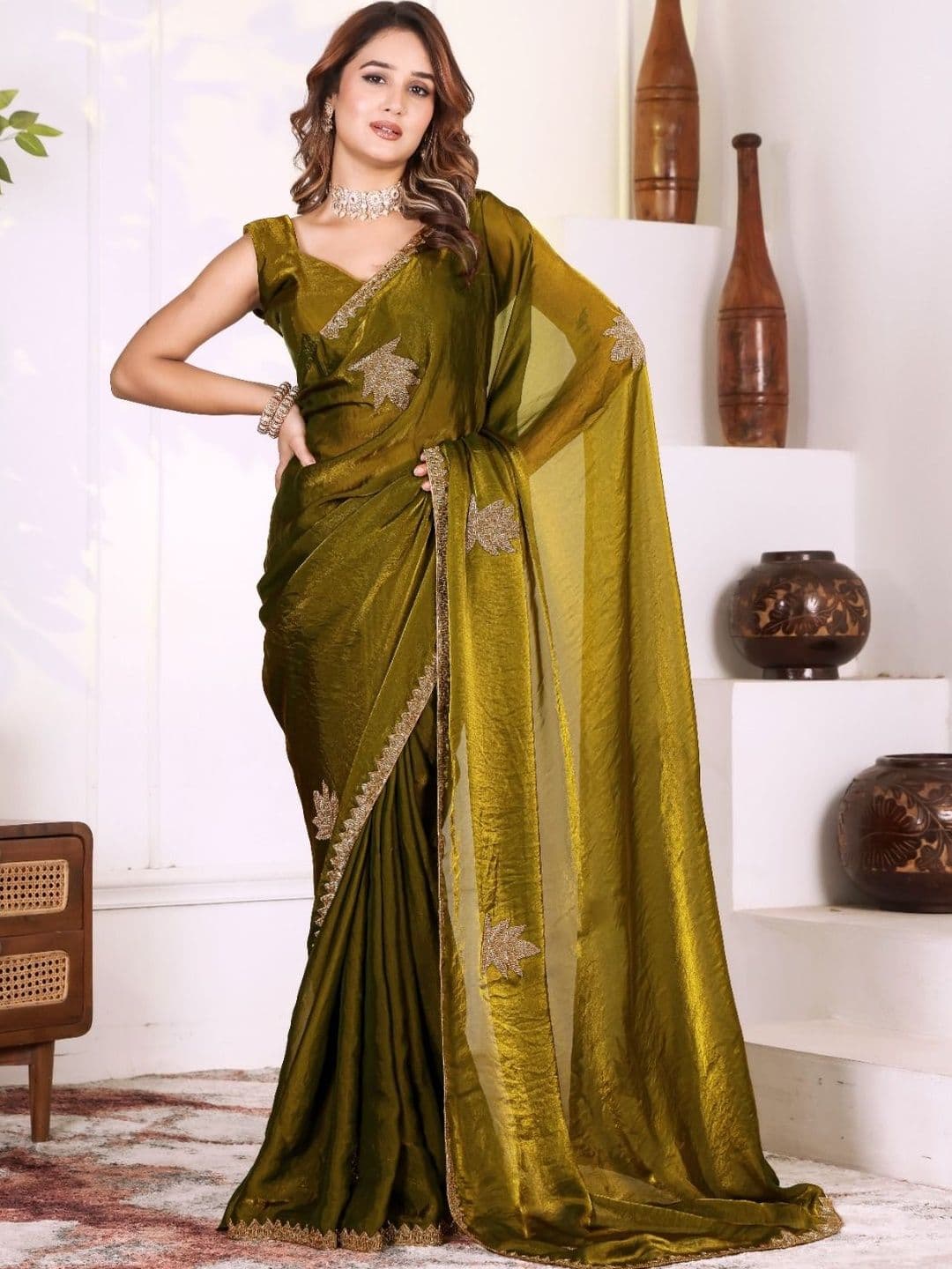DS CREATIVE Embroidered Satin Saree - view 1